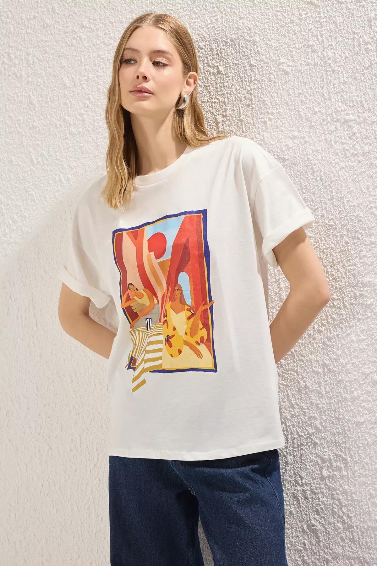 Beige Oversized Printed T-Shirt, Ecru, large image number 1