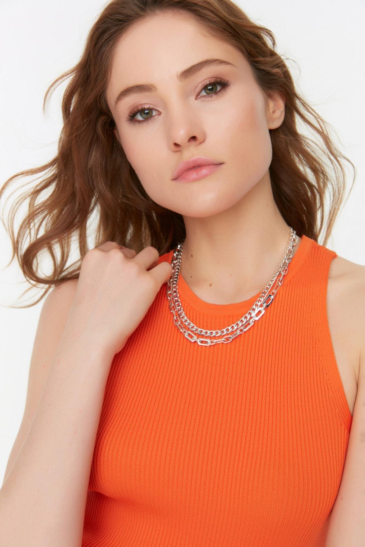 Orange Slim Crew Neck Blouse, , large image number 1