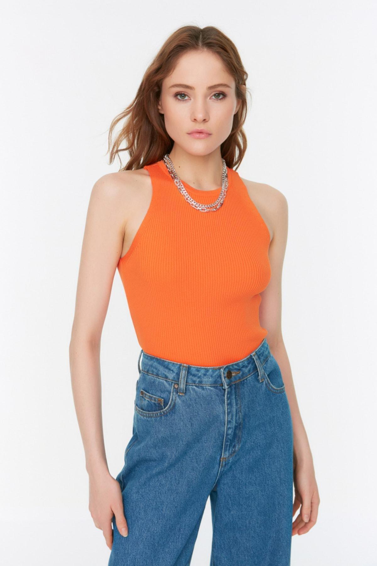 Orange Slim Crew Neck Blouse, , large image number 2