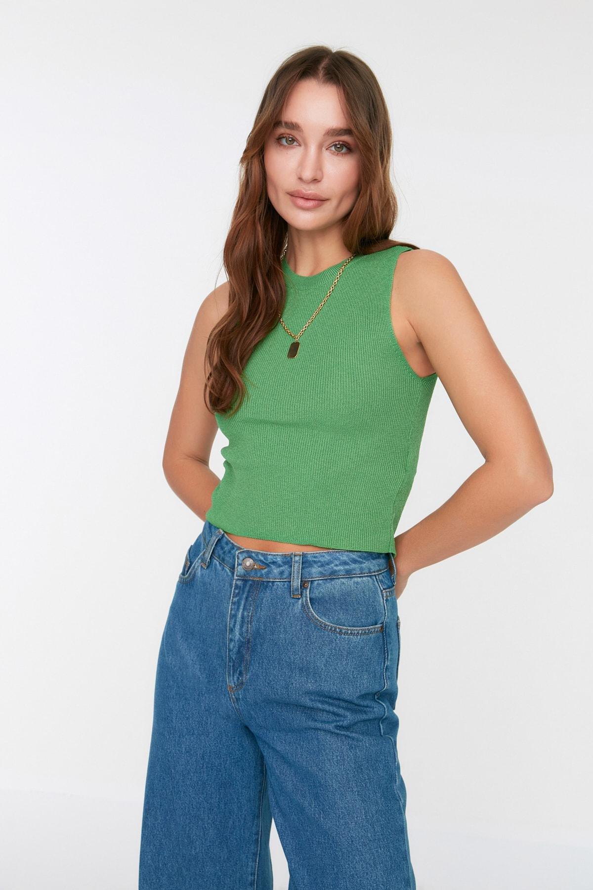 Green Crop Basic Knitwear Blouse Twoss21Bz0098, , large image number 0
