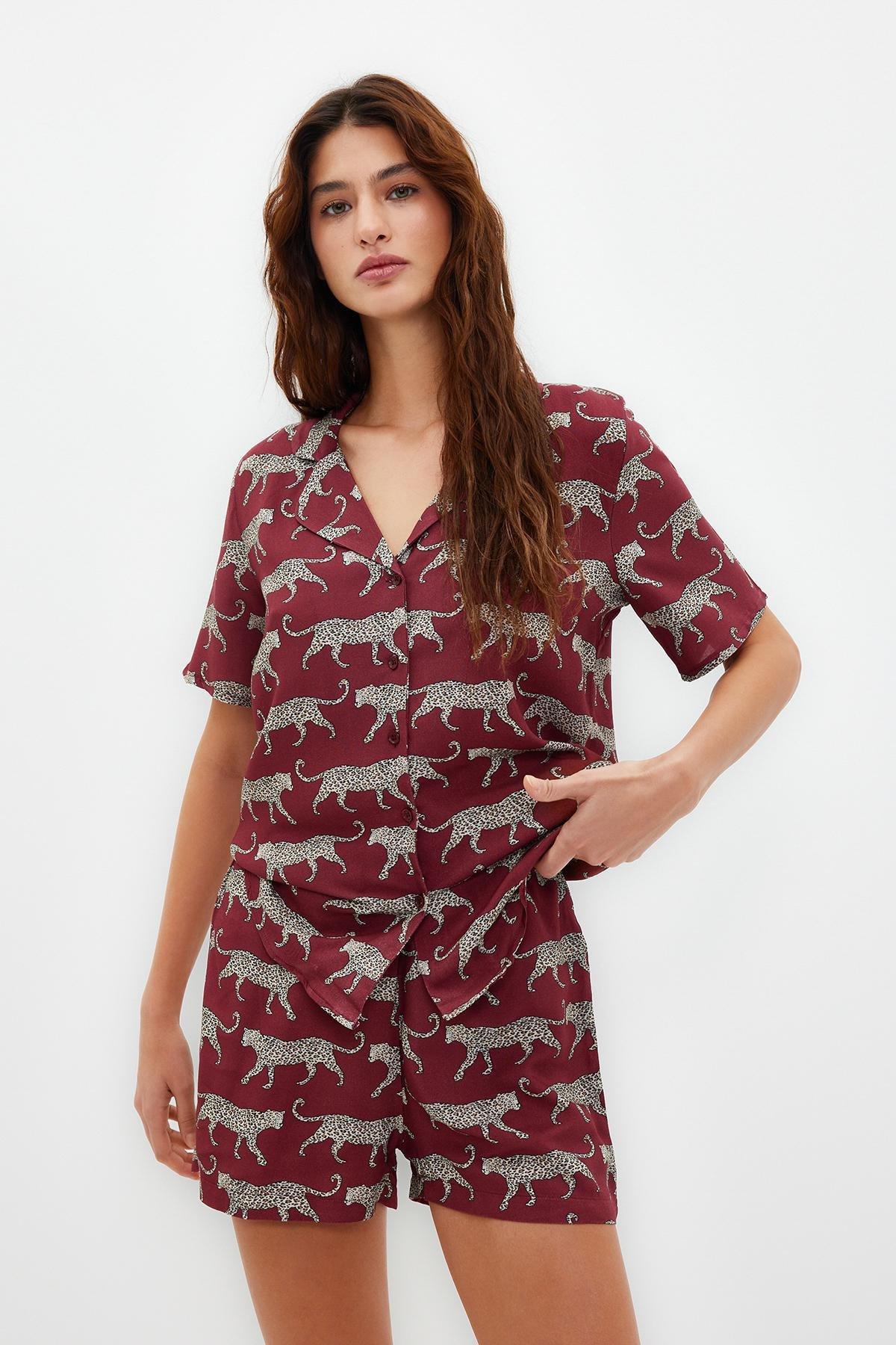 Burgundy Pattern Viscose Pyjama Set, , large image number 0