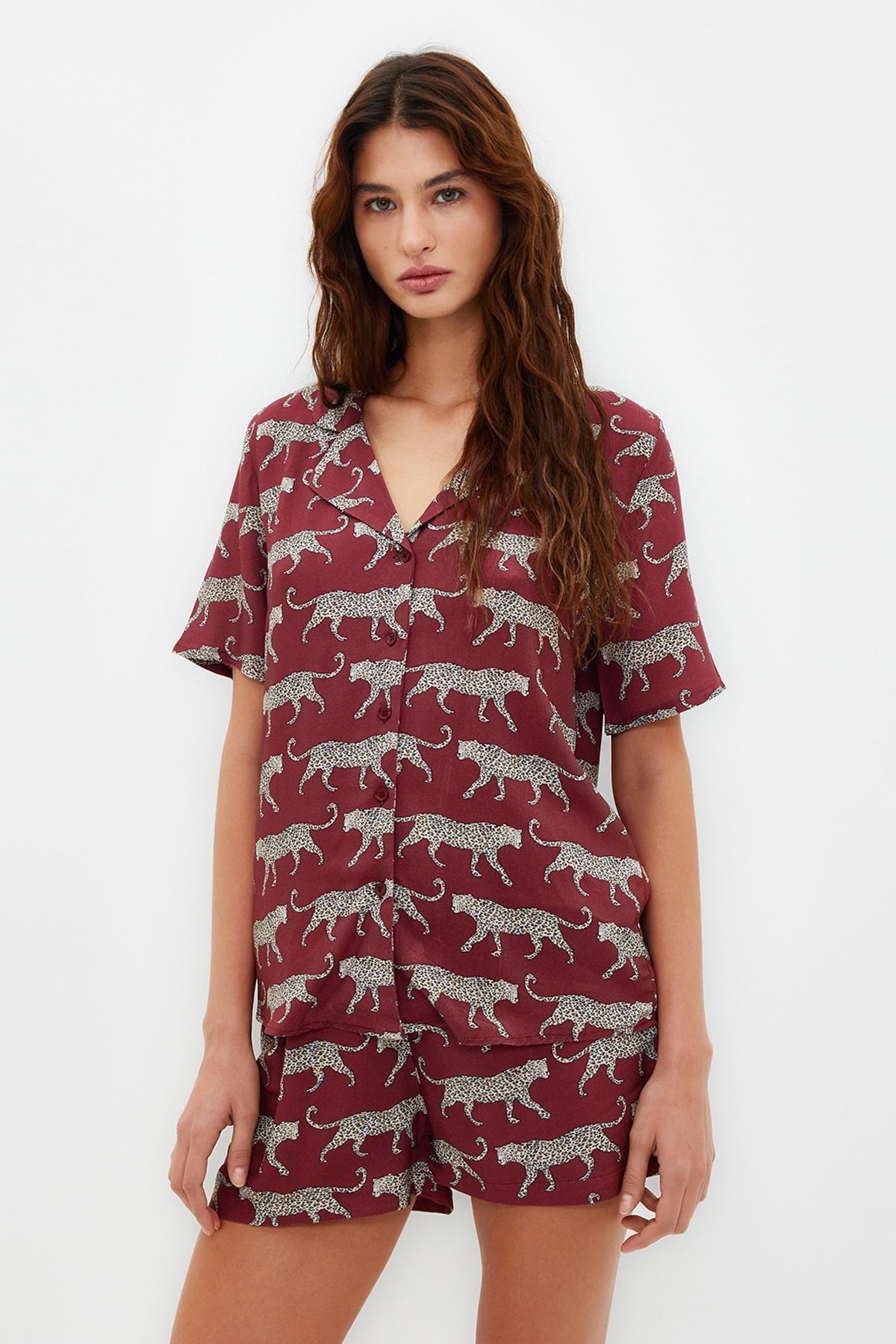 Burgundy Pattern Viscose Pyjama Set, , large image number 1