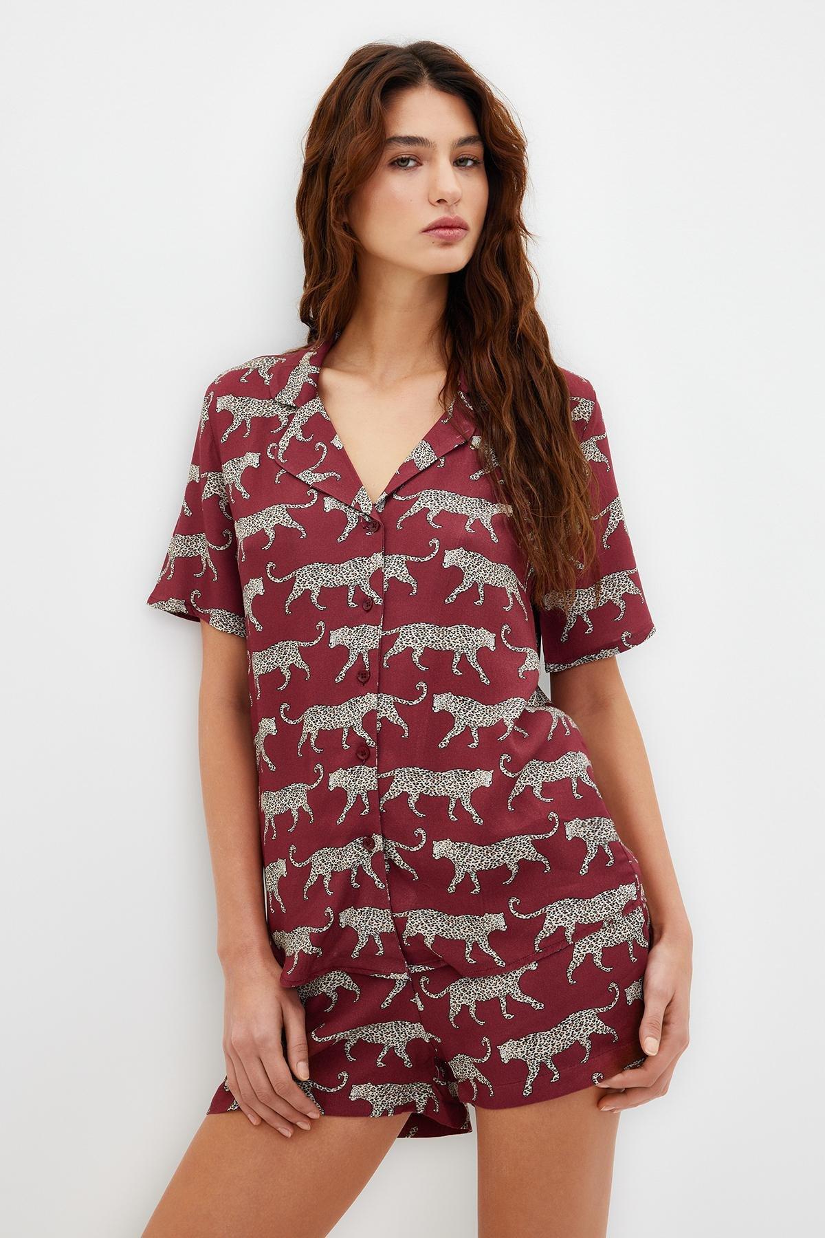 Burgundy Pattern Viscose Pyjama Set, , large image number 2