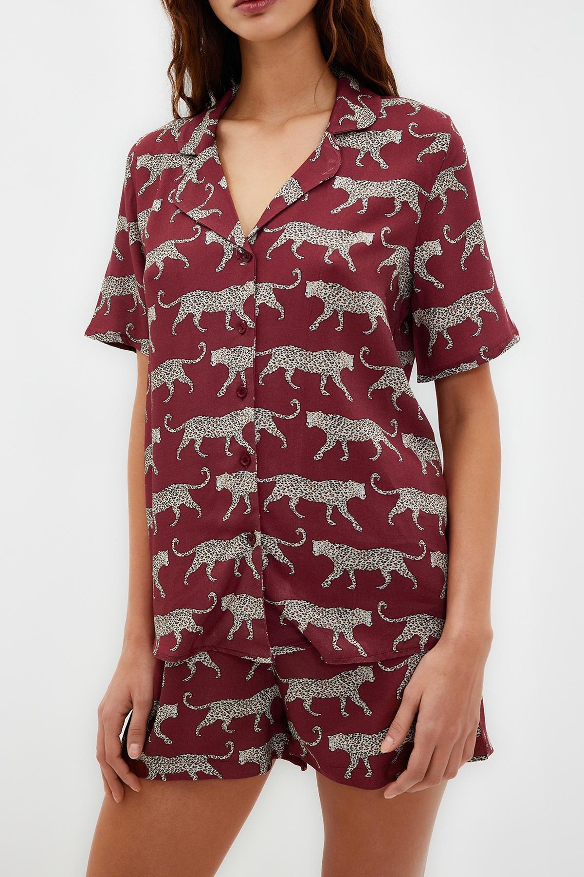 Burgundy Pattern Viscose Pyjama Set, , large image number 3