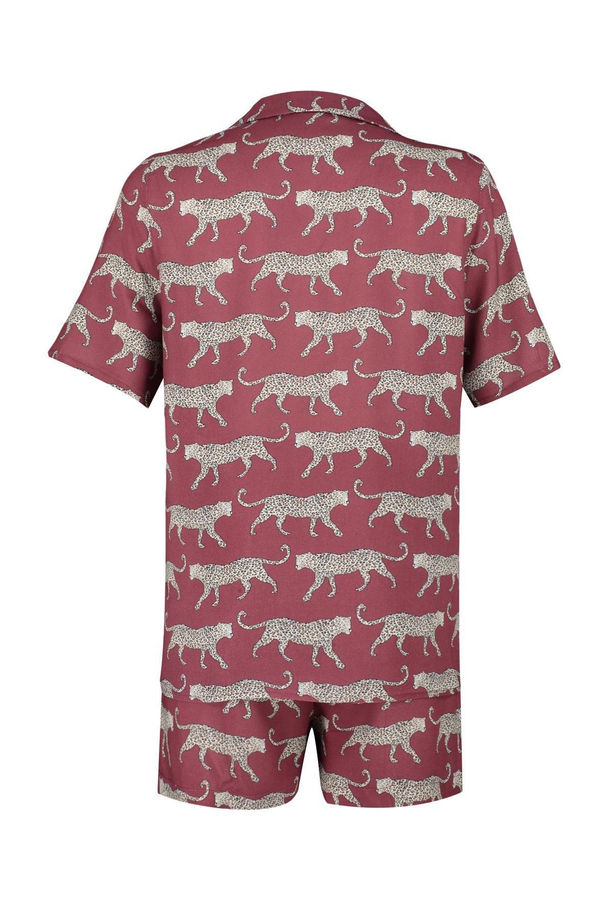 Burgundy Pattern Viscose Pyjama Set, , large image number 5