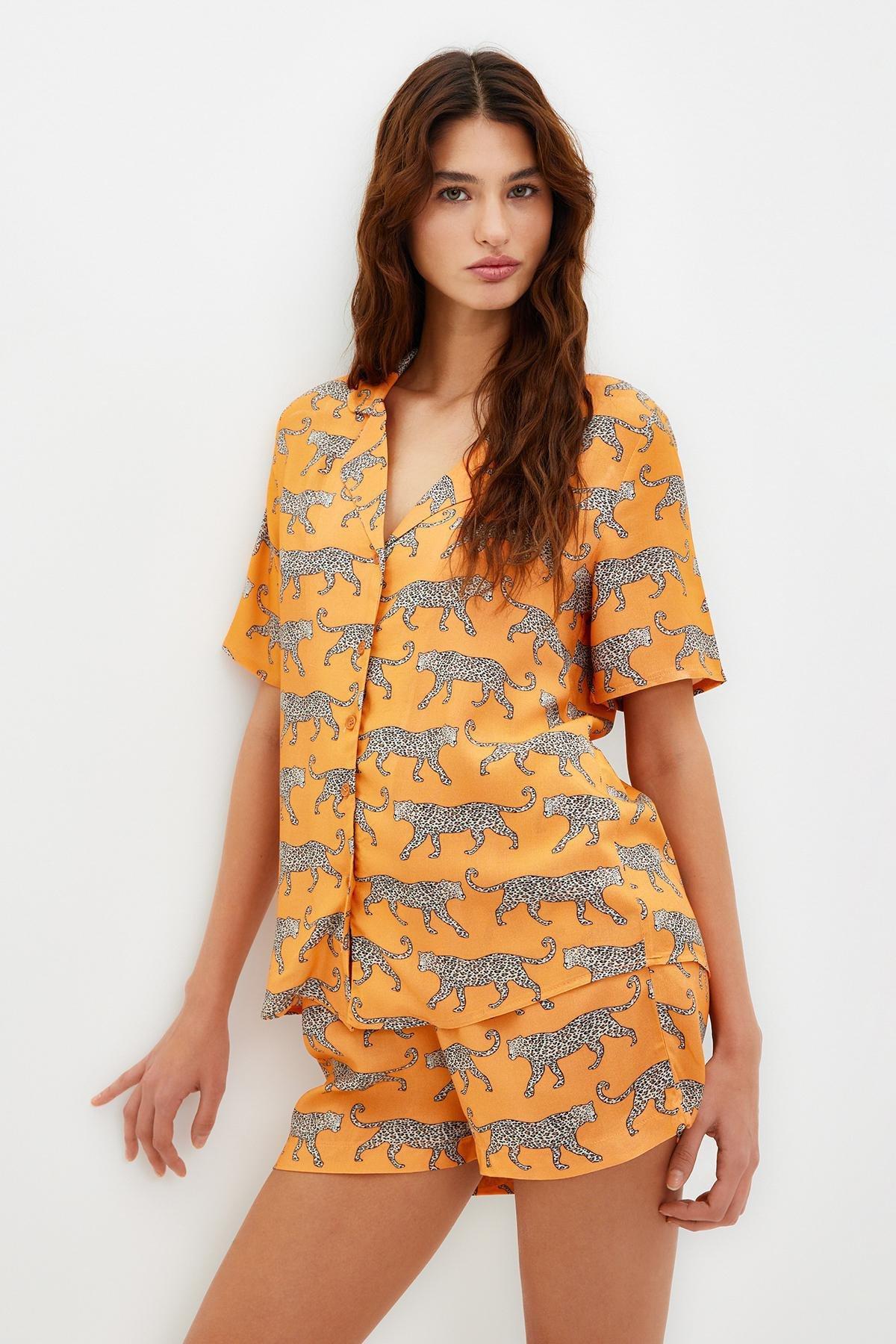 Orange Patterned Woven Pyjamas Set, , large image number 0