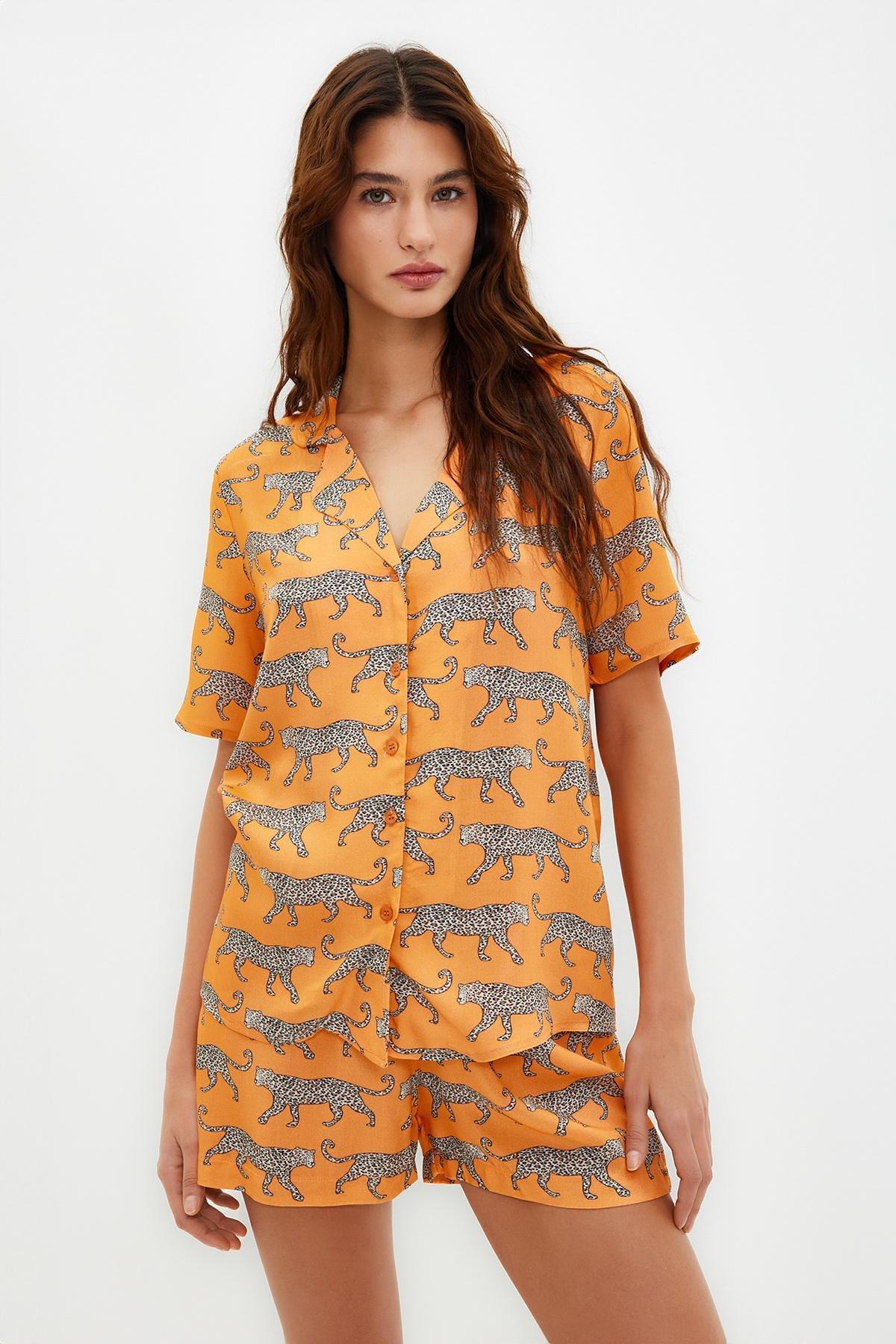 Orange Patterned Woven Pyjamas Set, , large image number 1