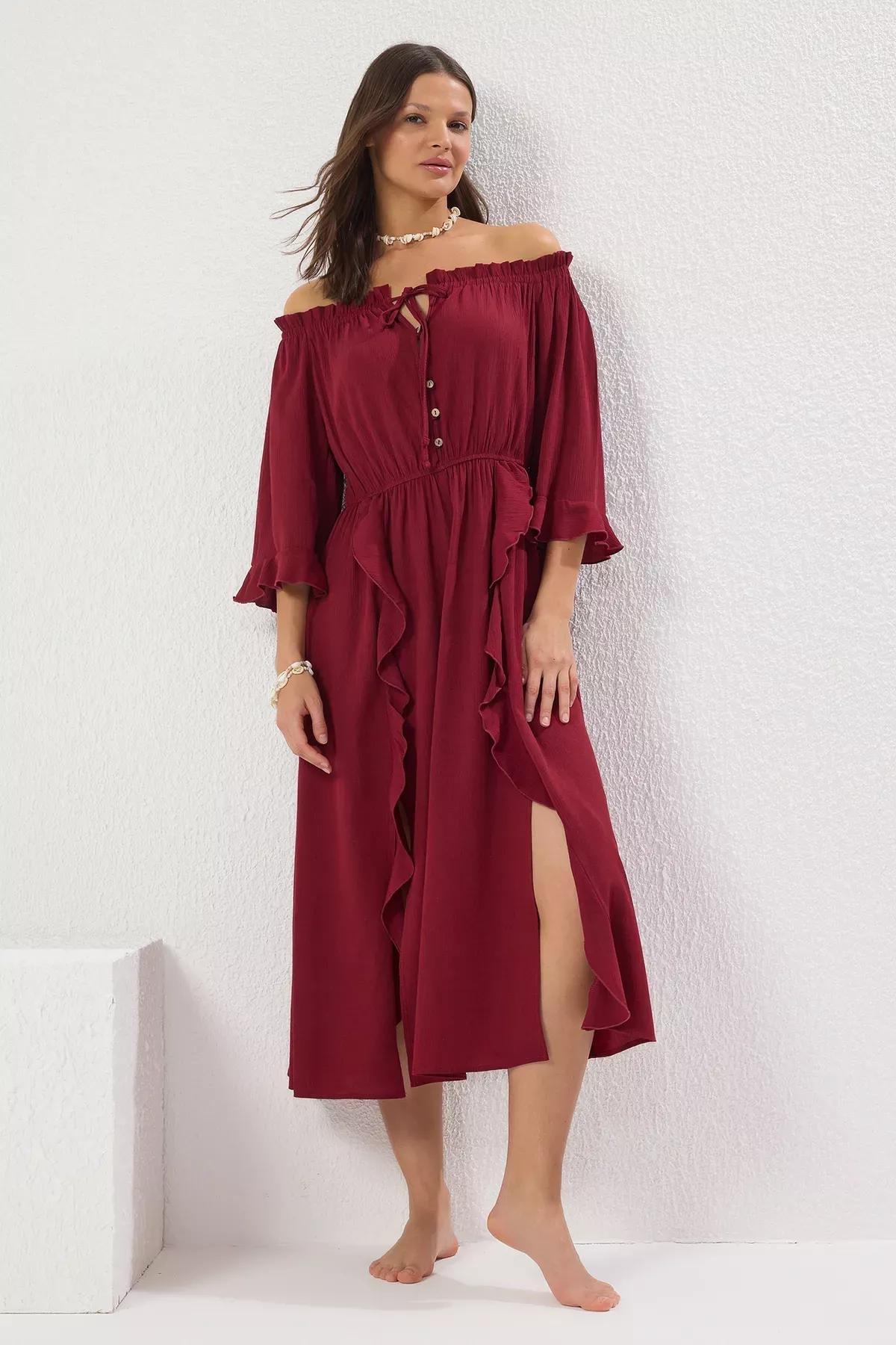 Claret Red Frills Ruffle Bardot Maxi, Burgundy, large image number 0