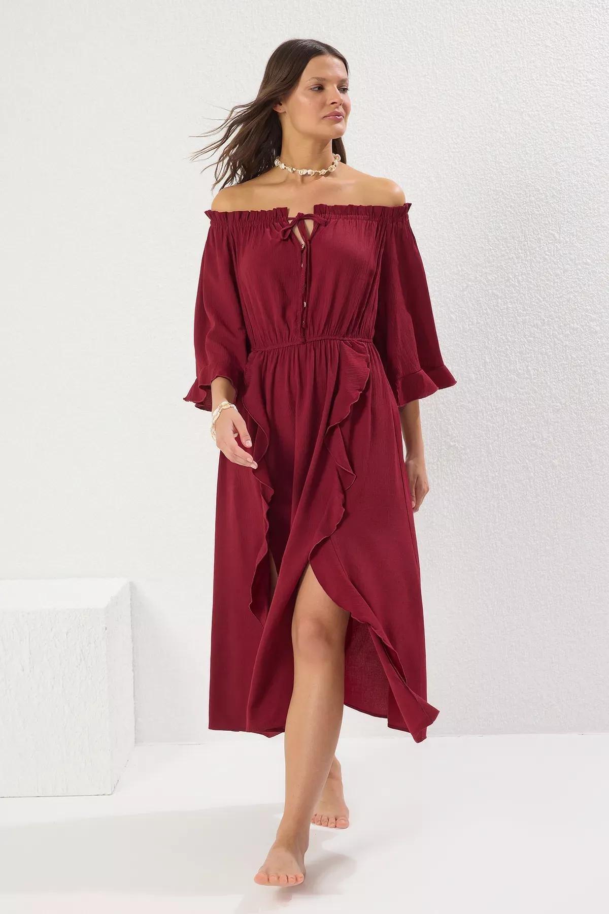 Claret Red Frills Ruffle Bardot Maxi, Burgundy, large image number 1