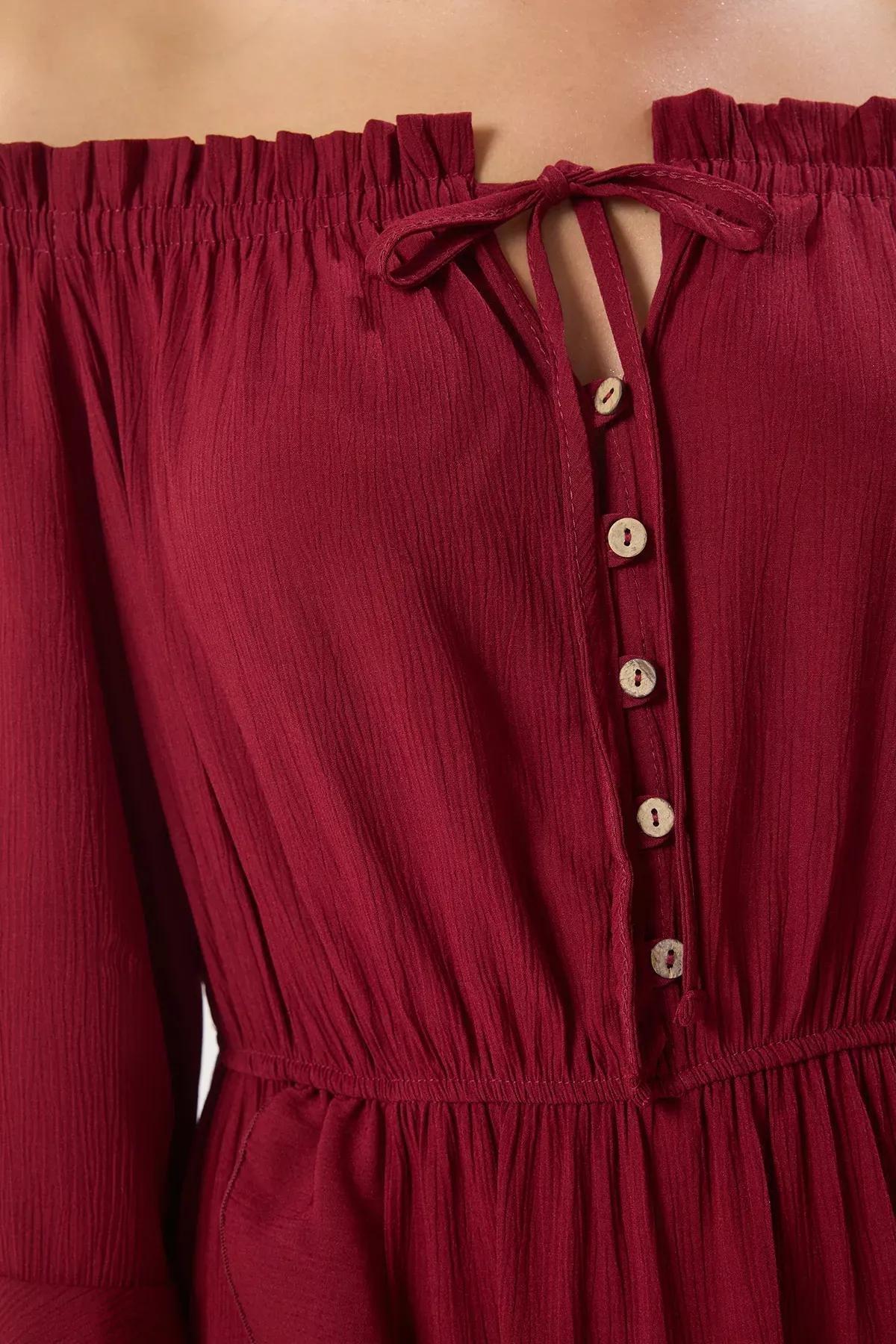 Claret Red Frills Ruffle Bardot Maxi, Burgundy, large image number 2