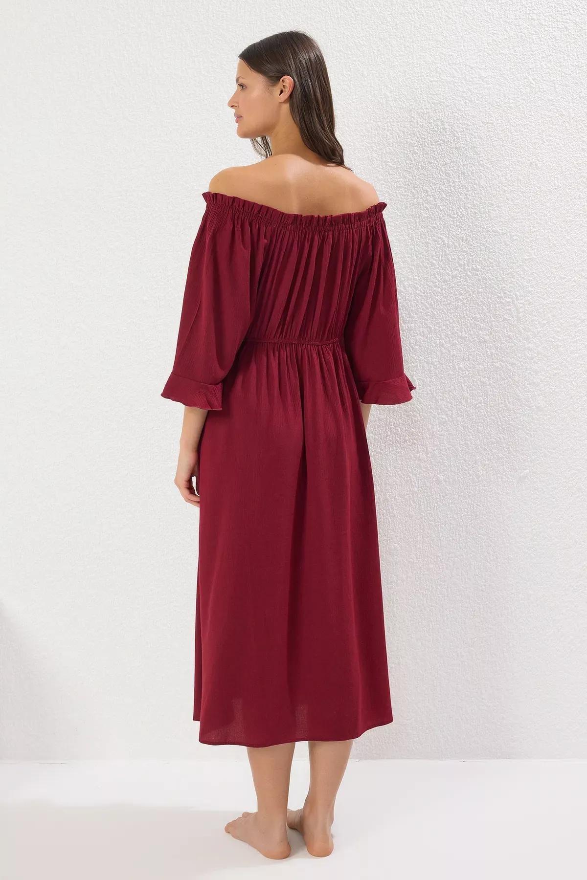 Claret Red Frills Ruffle Bardot Maxi, Burgundy, large image number 3