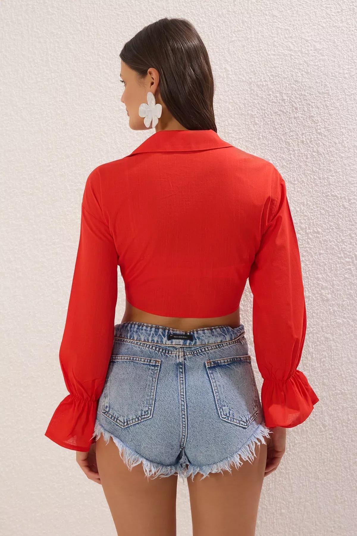 Red Crop Beach Blouse, Red, large image number 3