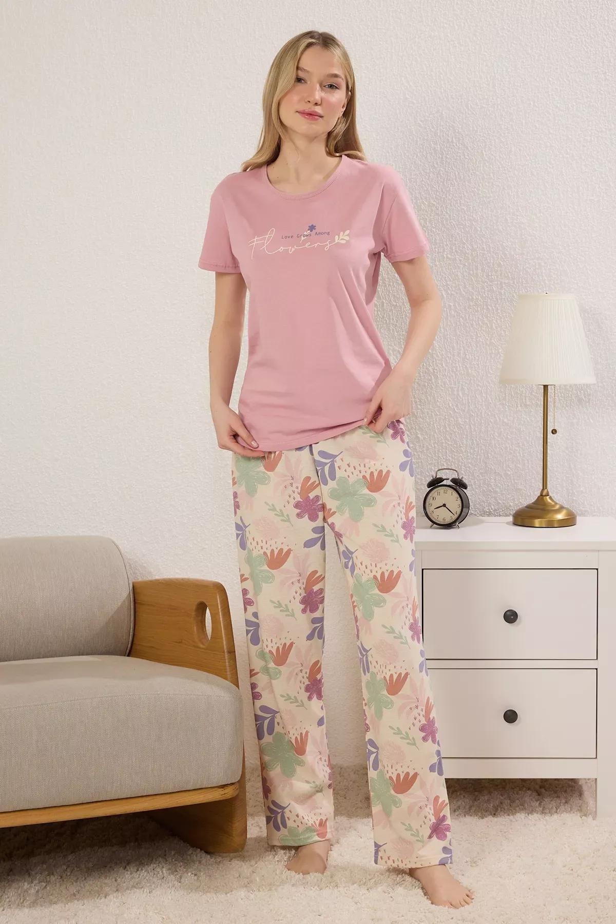 Pink Floral Slogan Pajama Set, , large image number 0