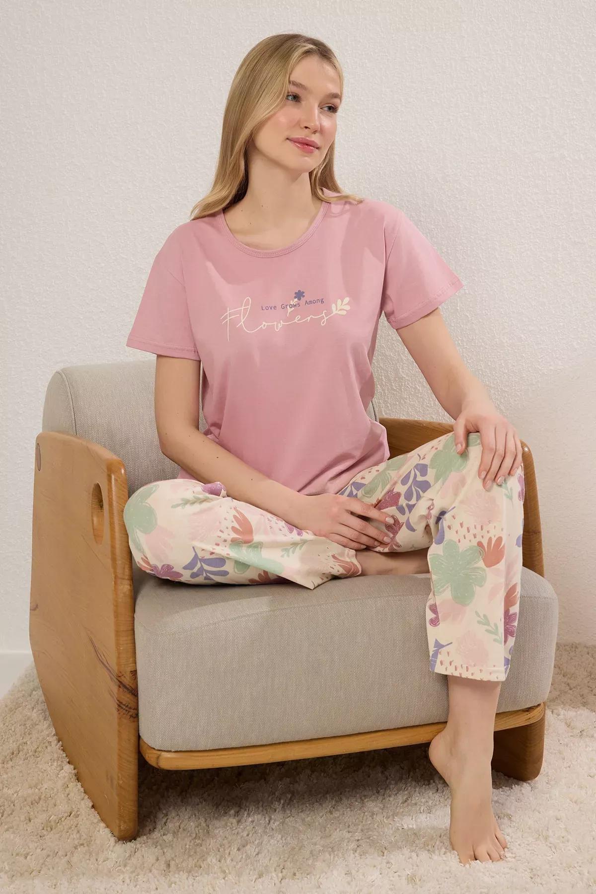 Pink Floral Slogan Pajama Set, , large image number 1