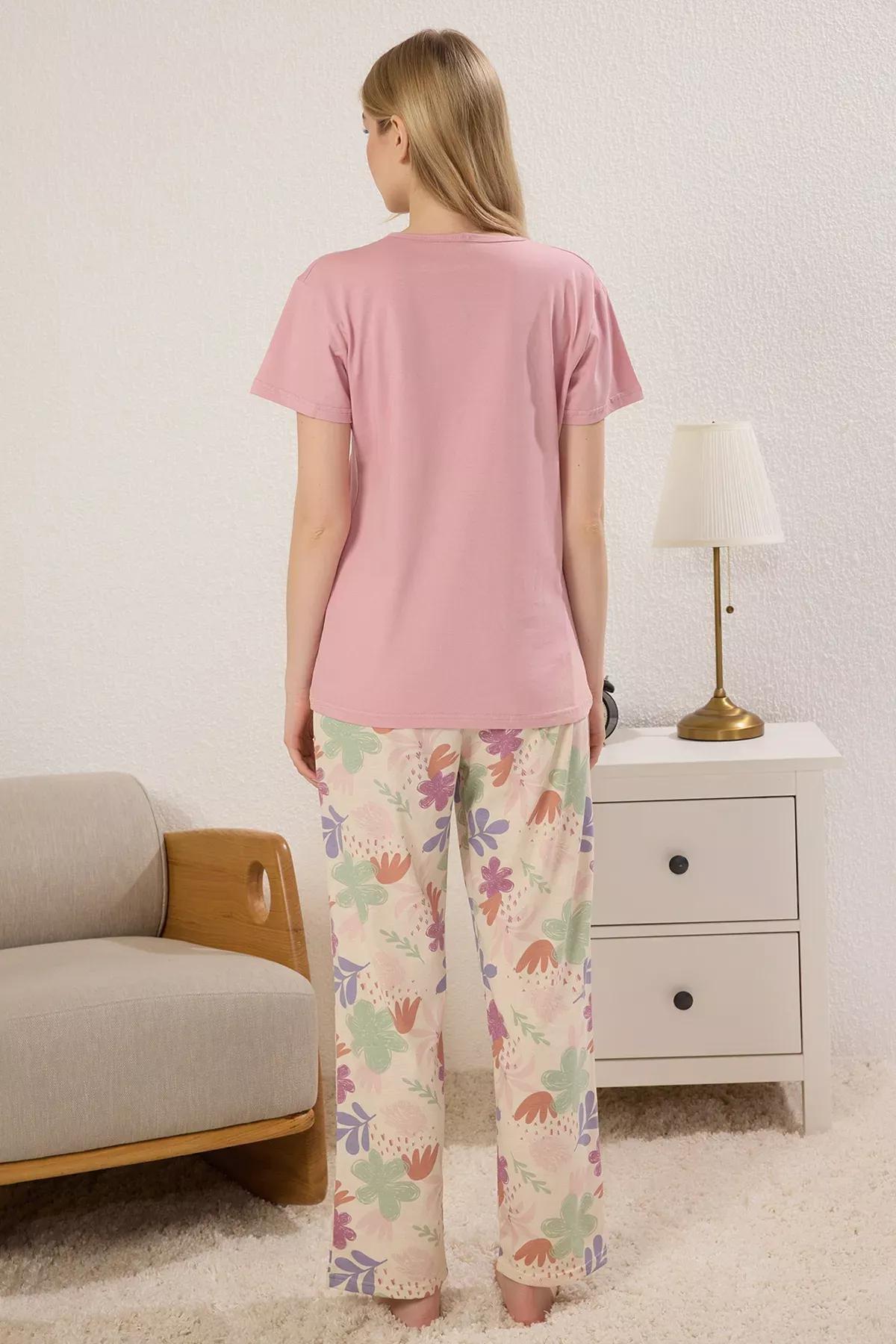 Pink Floral Slogan Pajama Set, , large image number 3