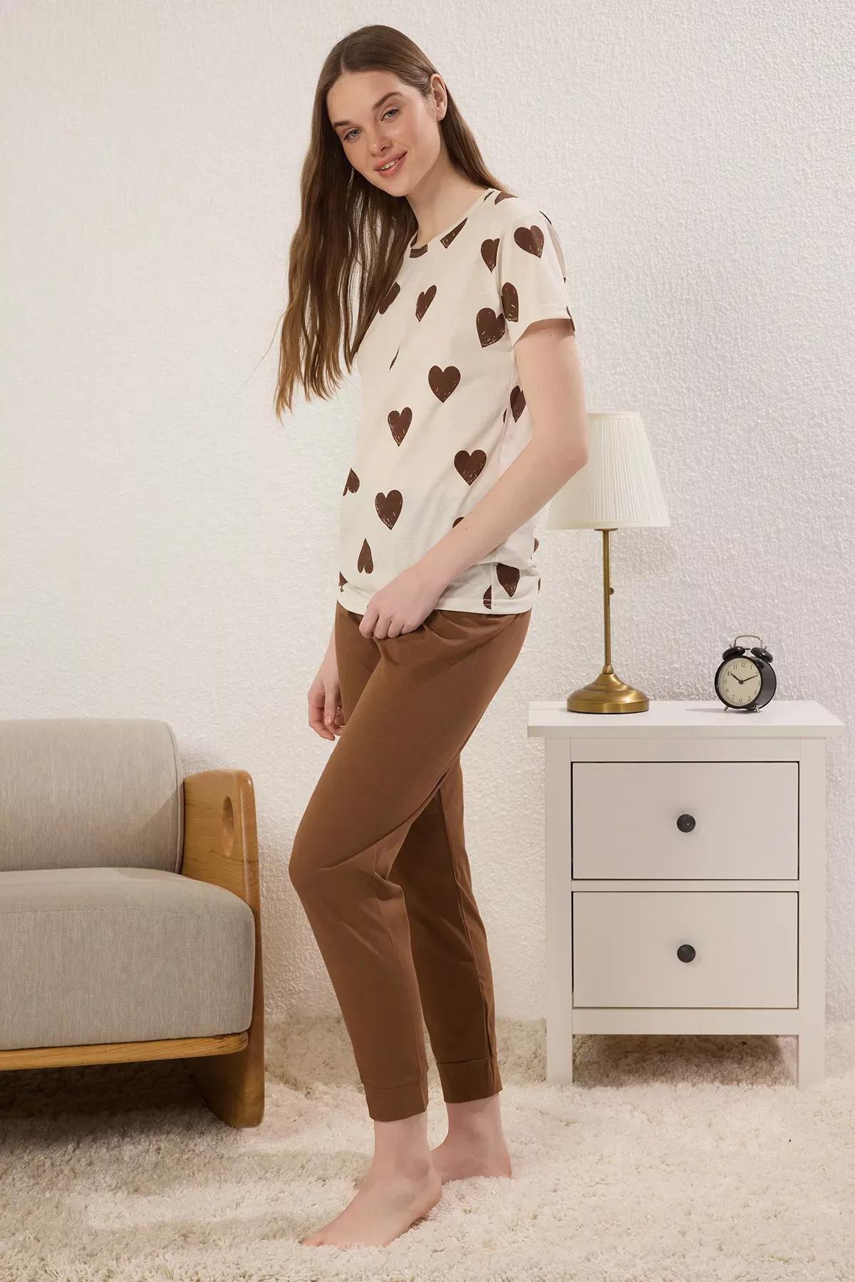 Brown-Multi Colorful Heart Pajama Set, Brown-Multicolor, large image number 1