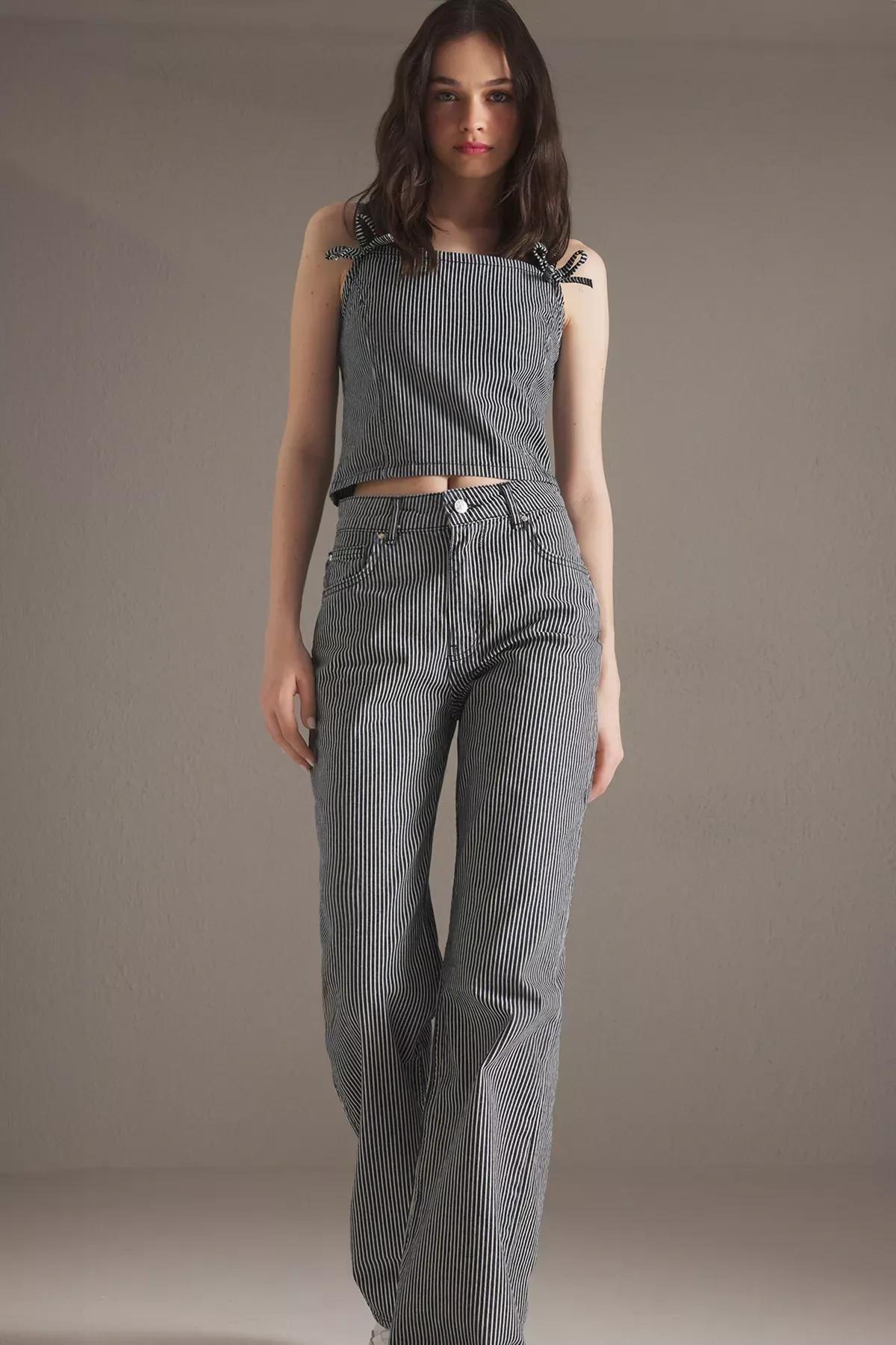 Blue Striped Wide Leg Jeans, DARK BLUE, large image number 2