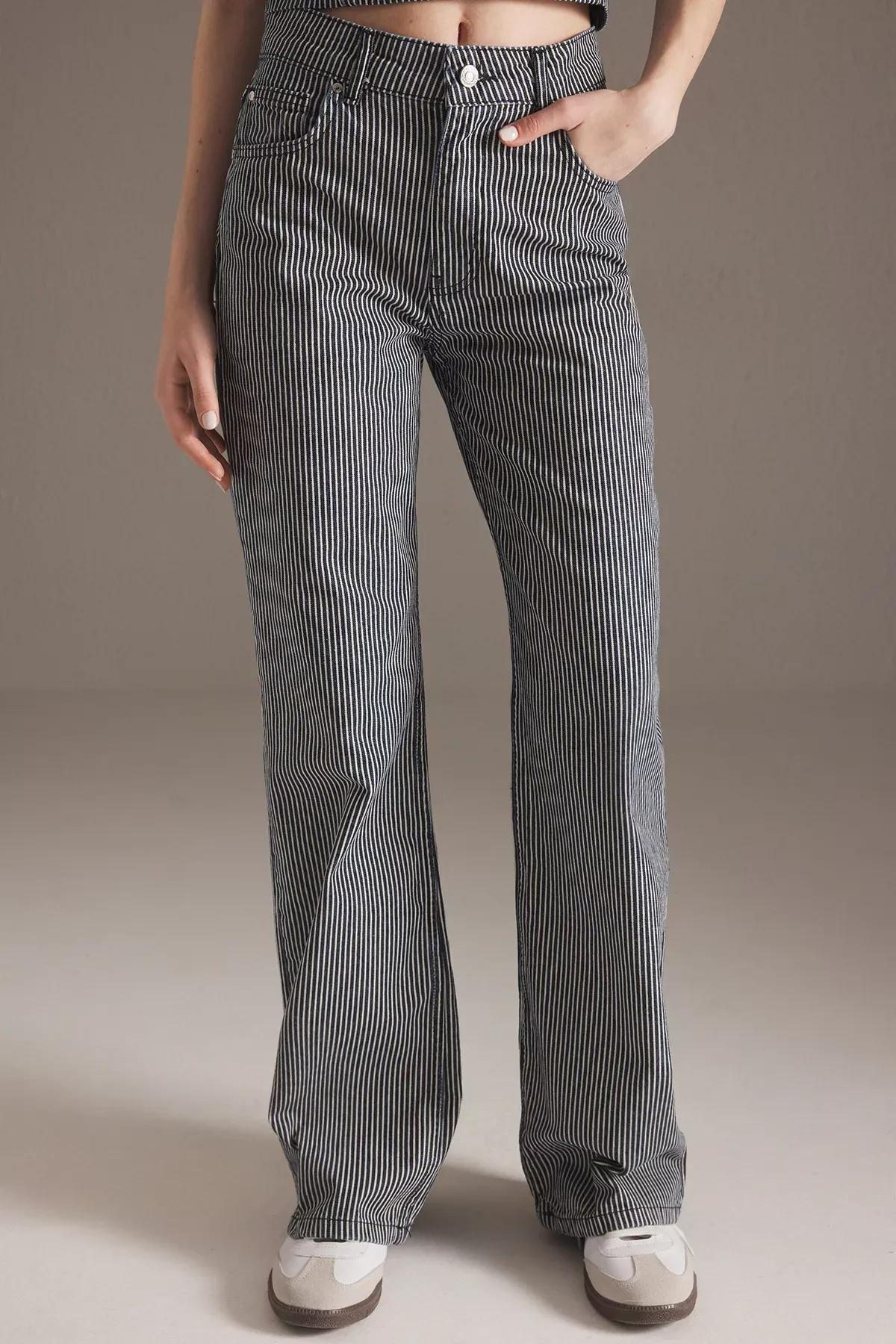 Blue Striped Wide Leg Jeans, DARK BLUE, large image number 3