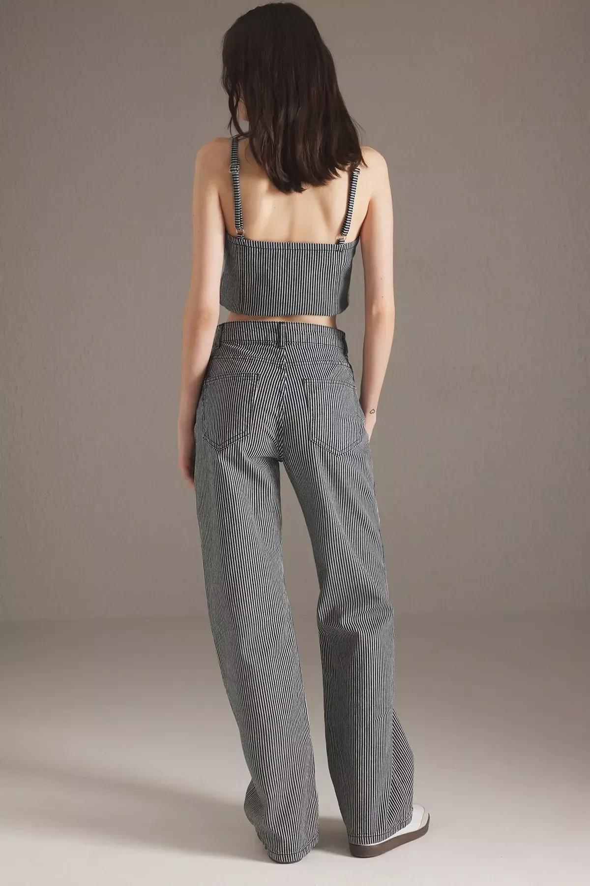 Blue Striped Wide Leg Jeans, DARK BLUE, large image number 4