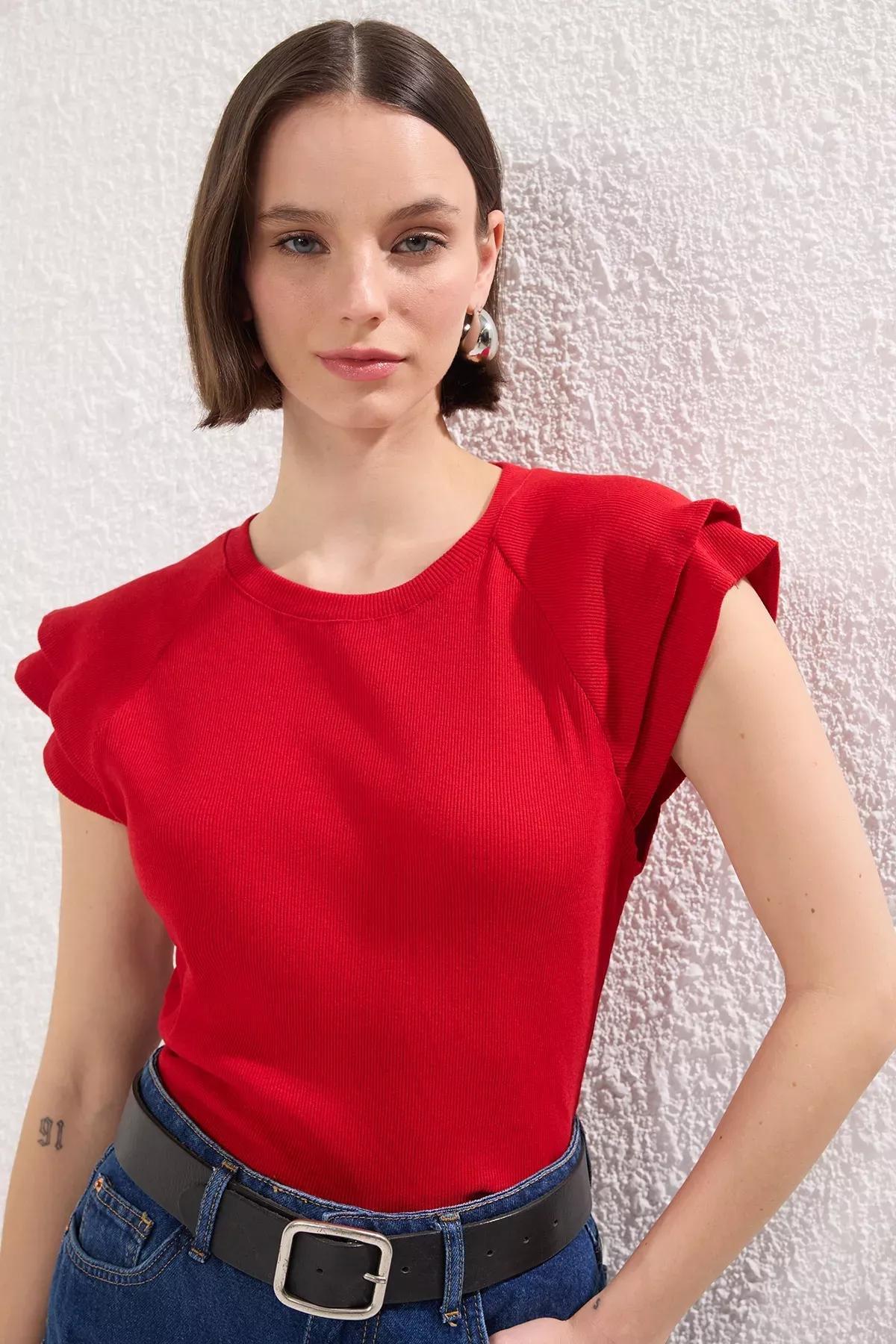 Red Ruffle Ribbed Knit Blouse, Red, large image number 0