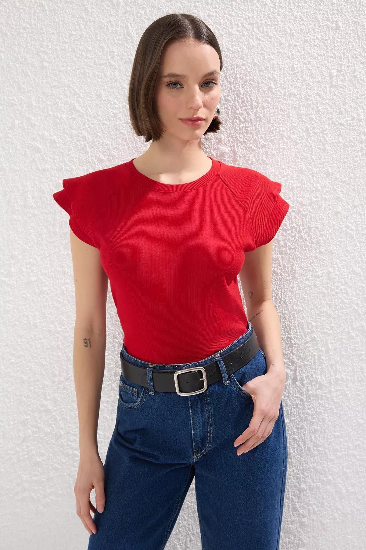 Red Ruffle Ribbed Knit Blouse, Red, large image number 1
