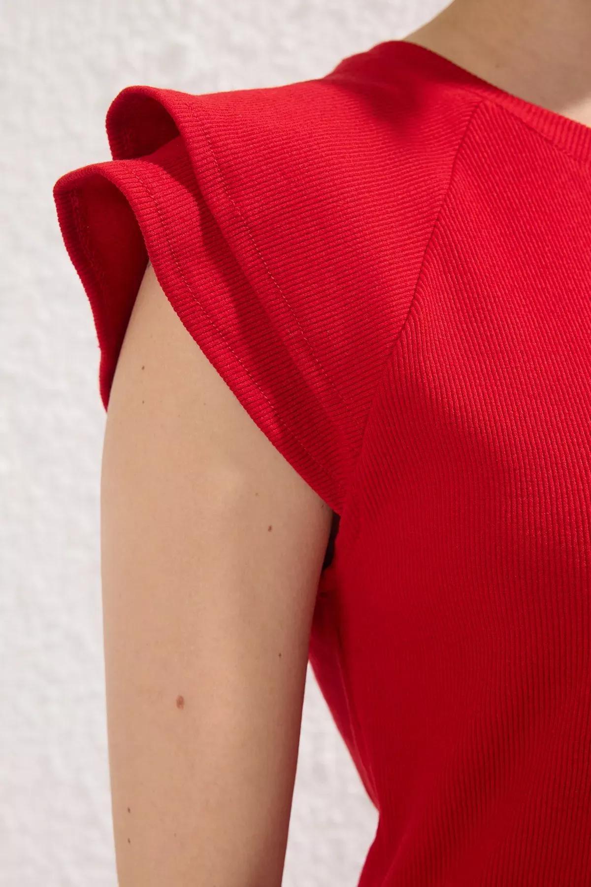 Red Ruffle Ribbed Knit Blouse, Red, large image number 2