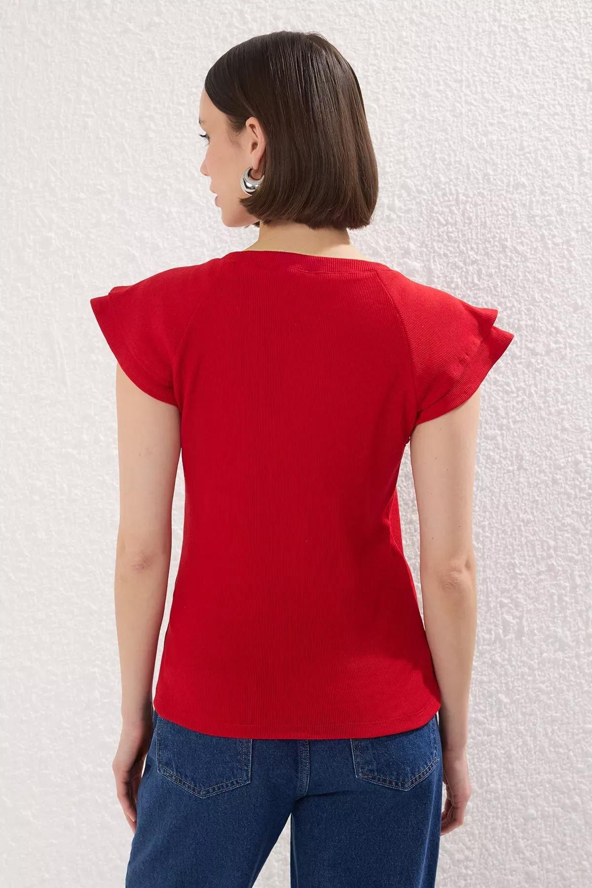 بلوزة مُحاكة مضلعة بكشكش، أحمر, Red, large image number 3