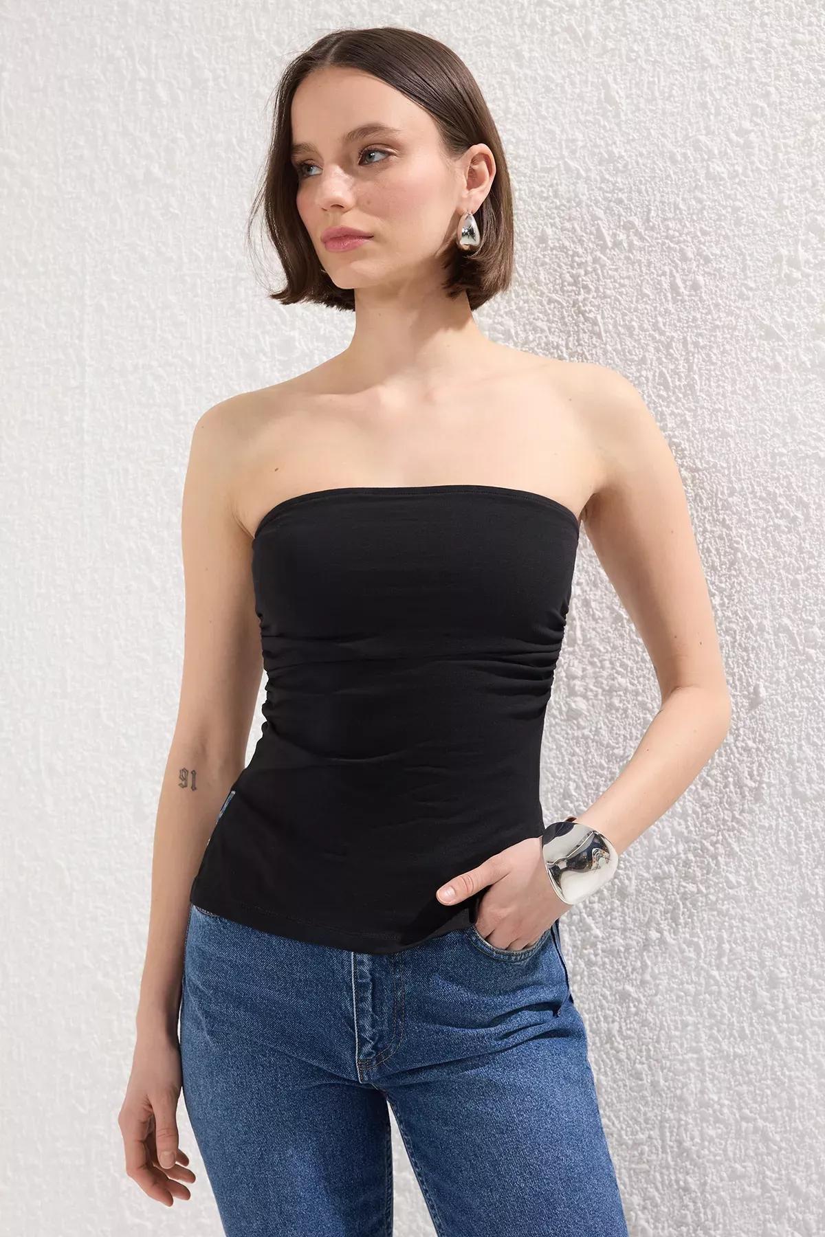 Black Strapless Draped Knit Blouse, , large image number 1