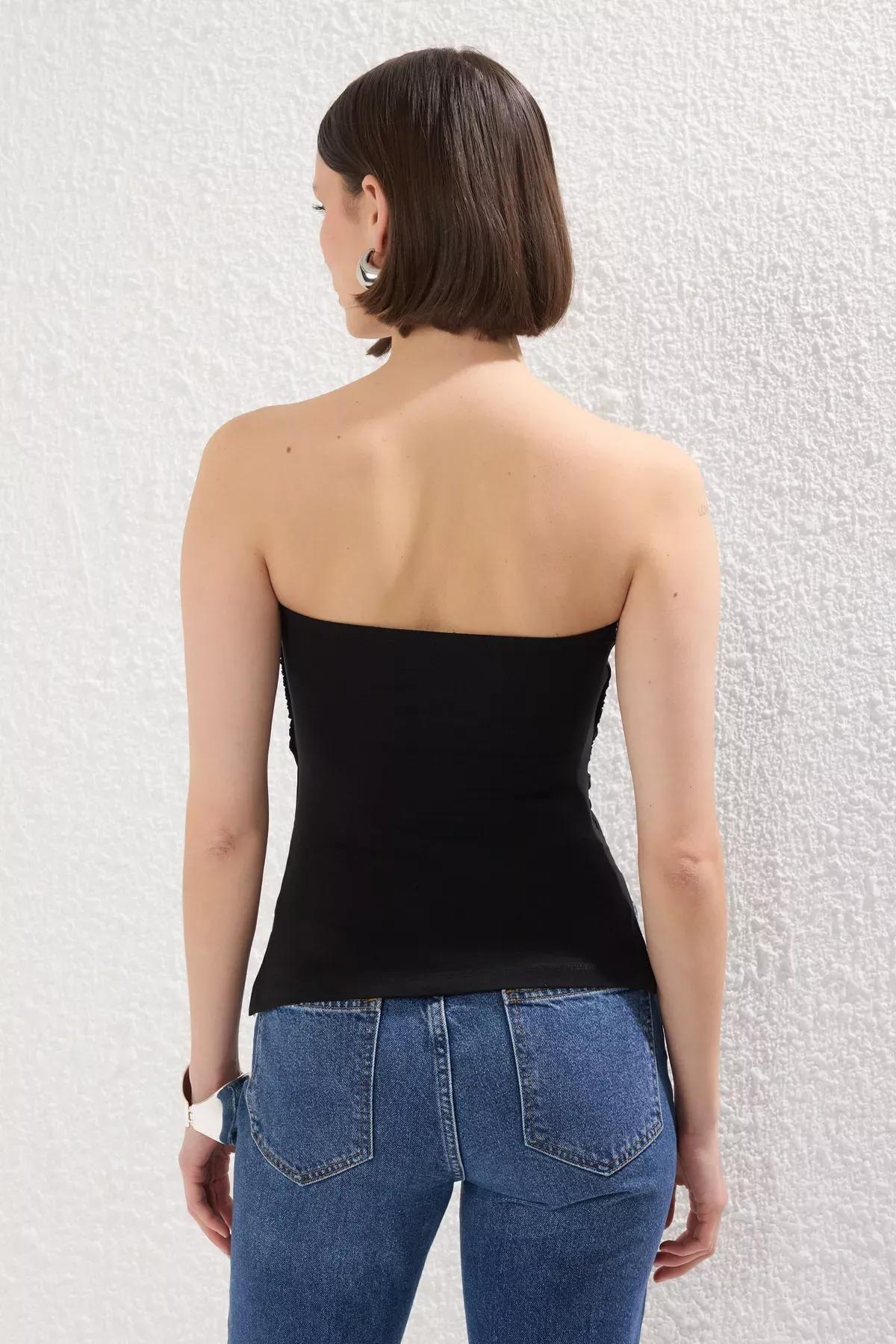 Black Strapless Draped Knit Blouse, , large image number 3
