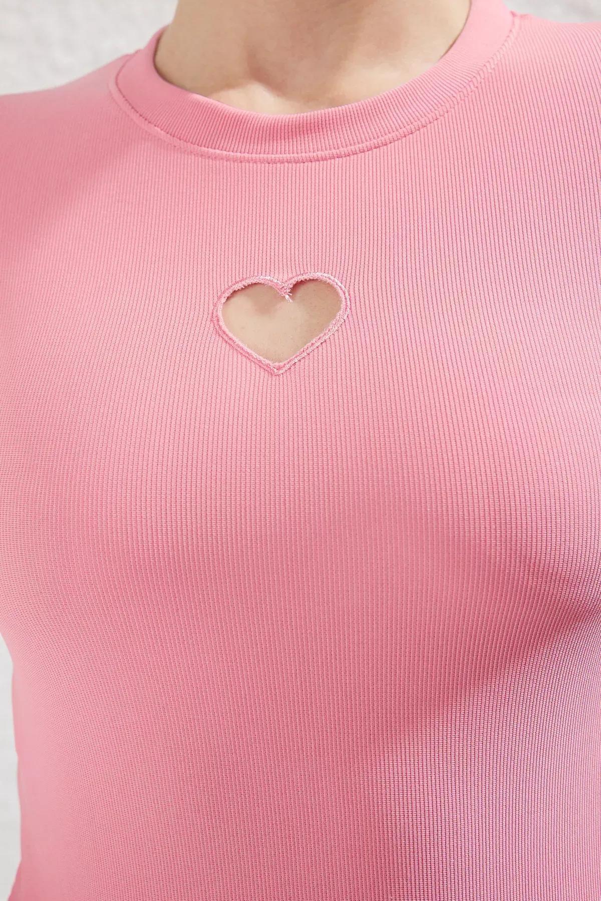 Pink Heart Cutout Crew Neck Knit Blouse, Pink, large image number 2