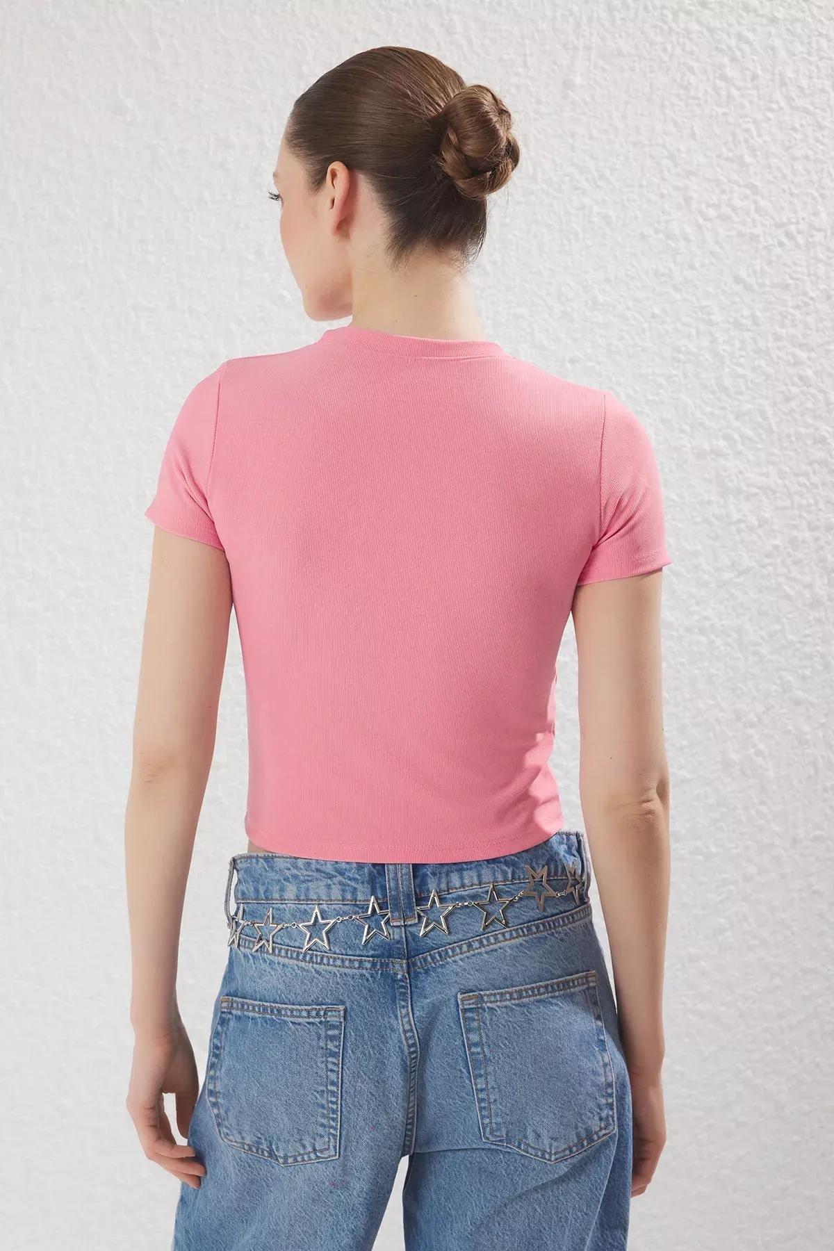Pink Heart Cutout Crew Neck Knit Blouse, Pink, large image number 3