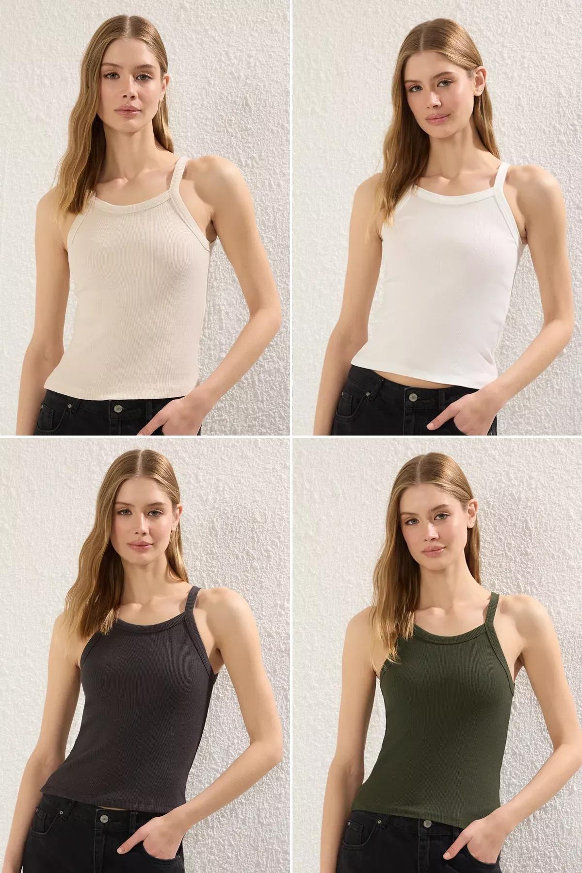 Grey-Beige-Beige-Green Crop Knit Tank, , large image number 4