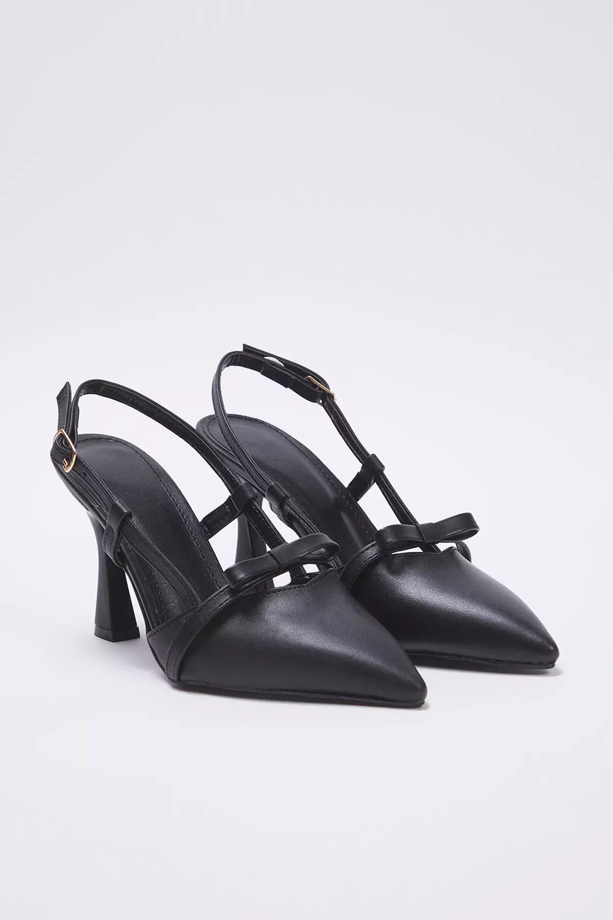 Black Bow Detail Pointed Heeled Shoes, , large image number 4