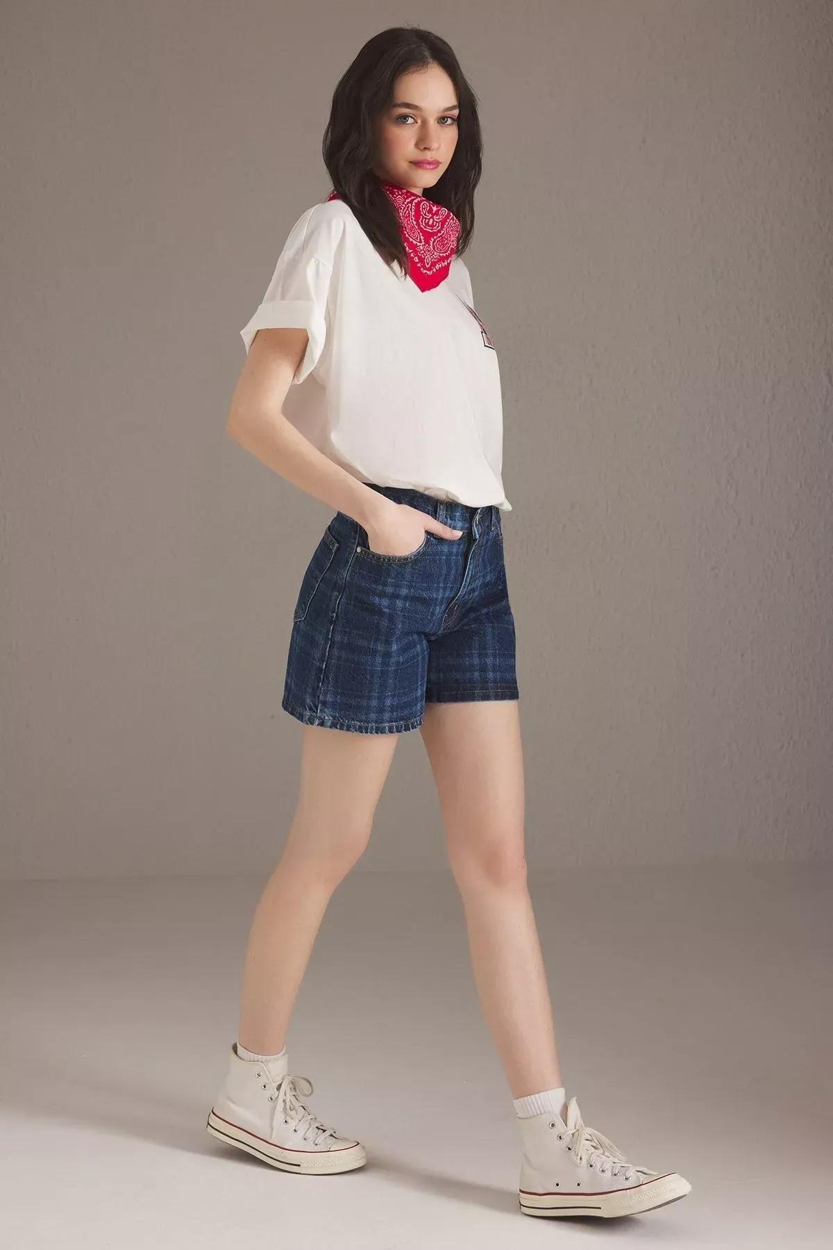 Blue  High-Waist Plaid Shorts, , large image number 2