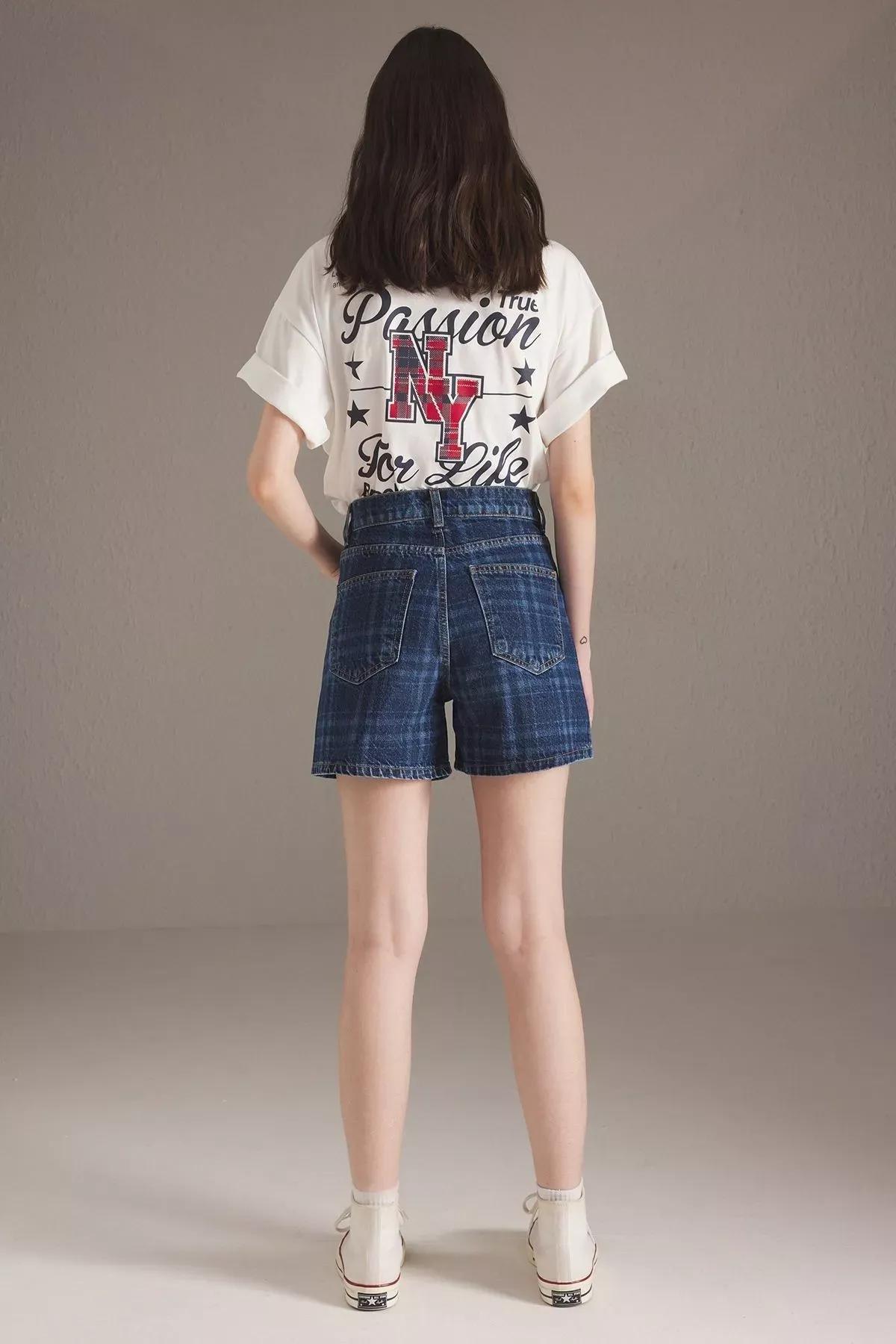Blue  High-Waist Plaid Shorts, , large image number 4