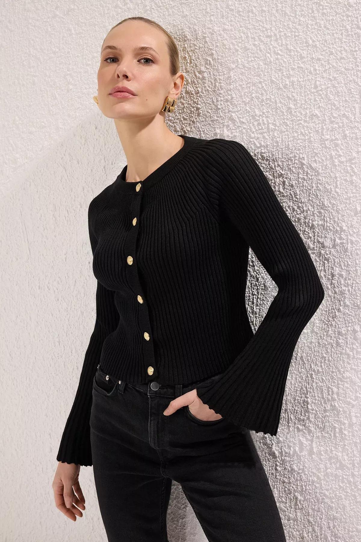 Black Spanish Sleeve Crew Neck Cardigan, BLACK, large image number 0