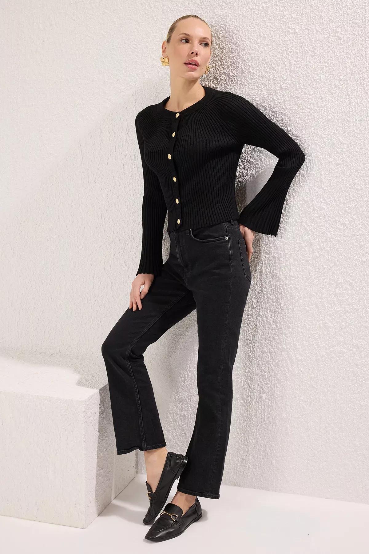 Black Spanish Sleeve Crew Neck Cardigan, BLACK, large image number 1
