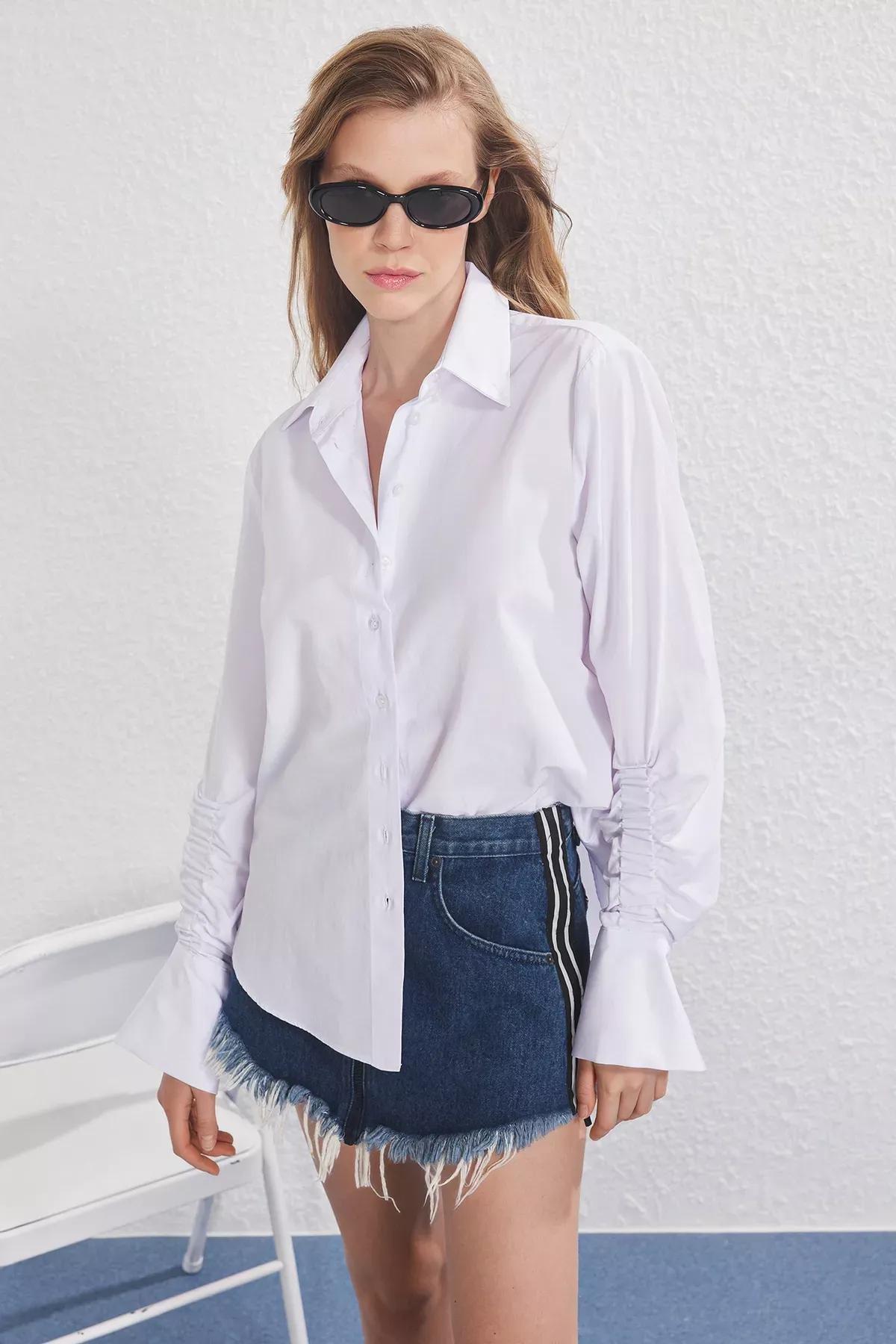 White Shirt with Gathered Sleeves, White, large image number 0