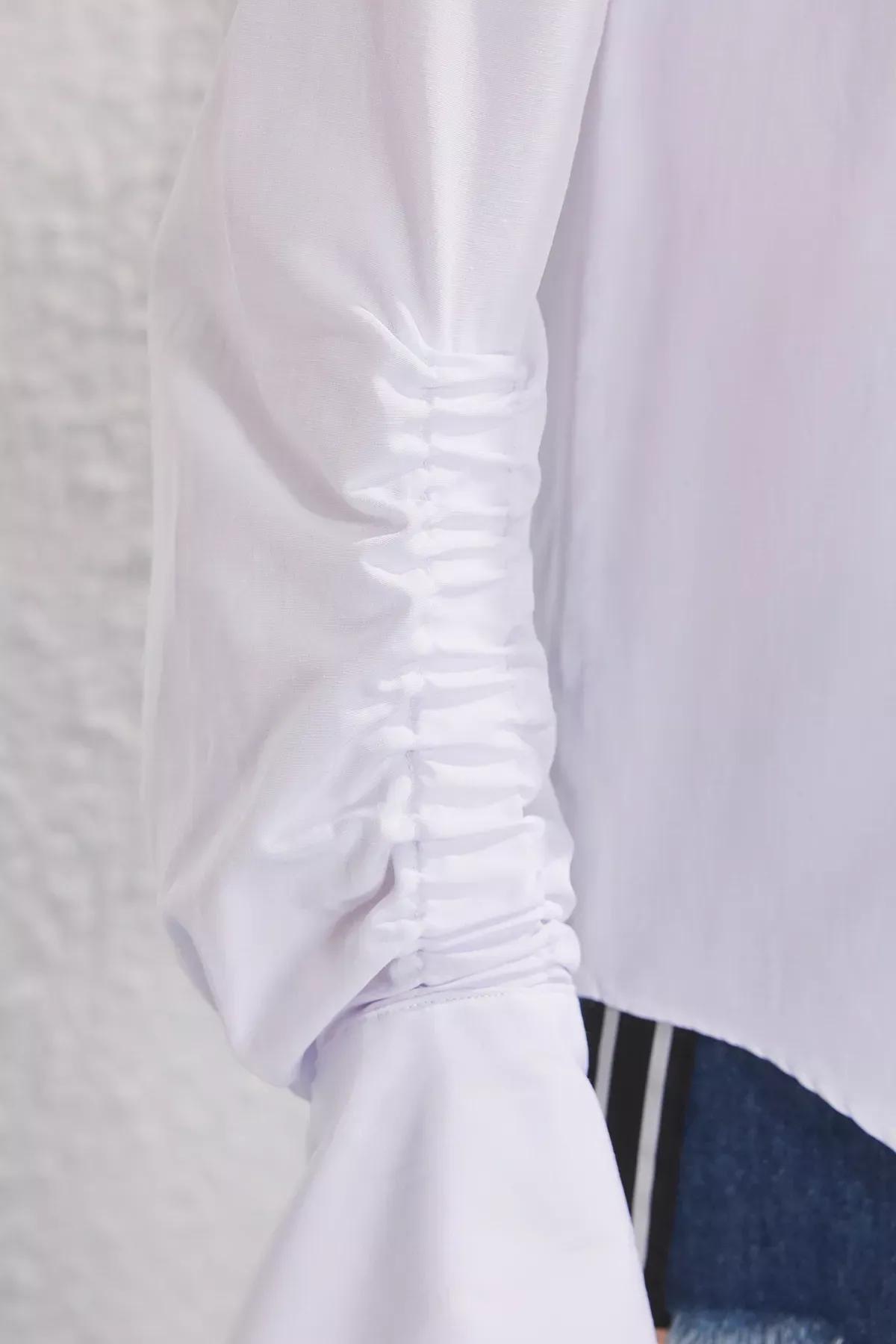 White Shirt with Gathered Sleeves, White, large image number 2