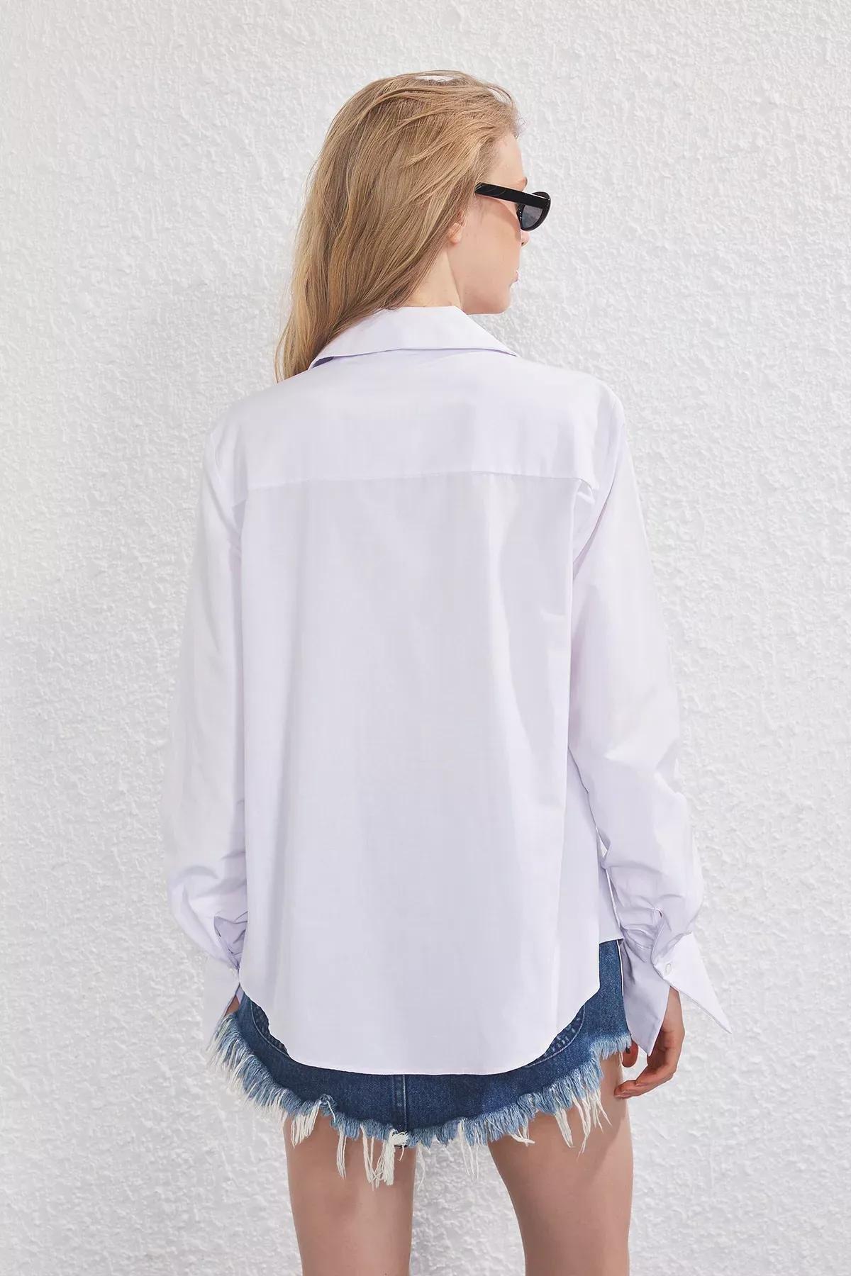 White Shirt with Gathered Sleeves, White, large image number 3