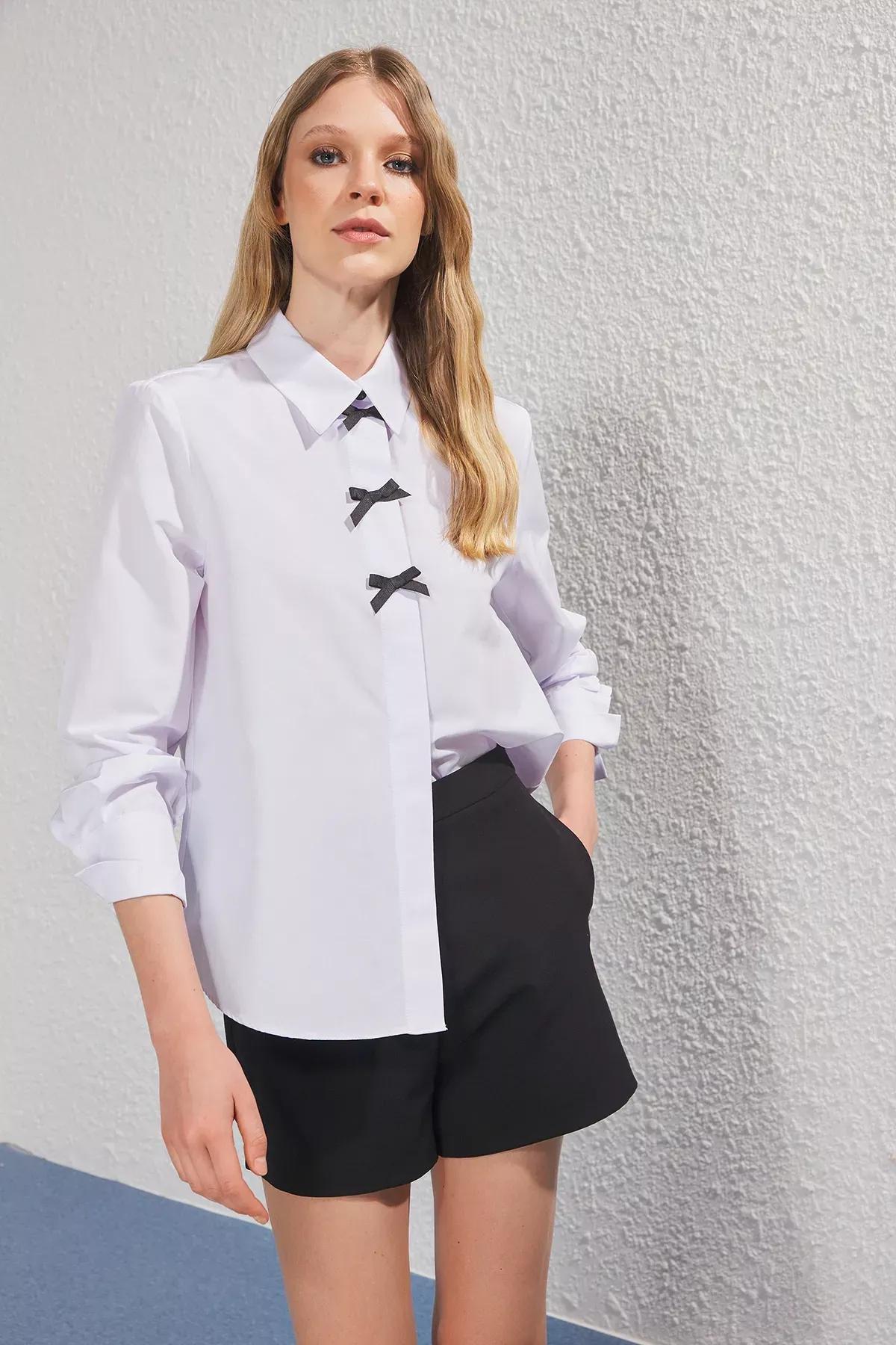 White Bow Detail Regular Shirt, White, large image number 1
