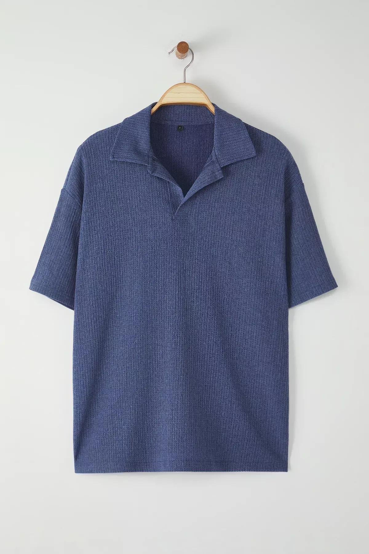 Blue  Oversize Polo Neck T-Shirt, Indigo, large image number 0