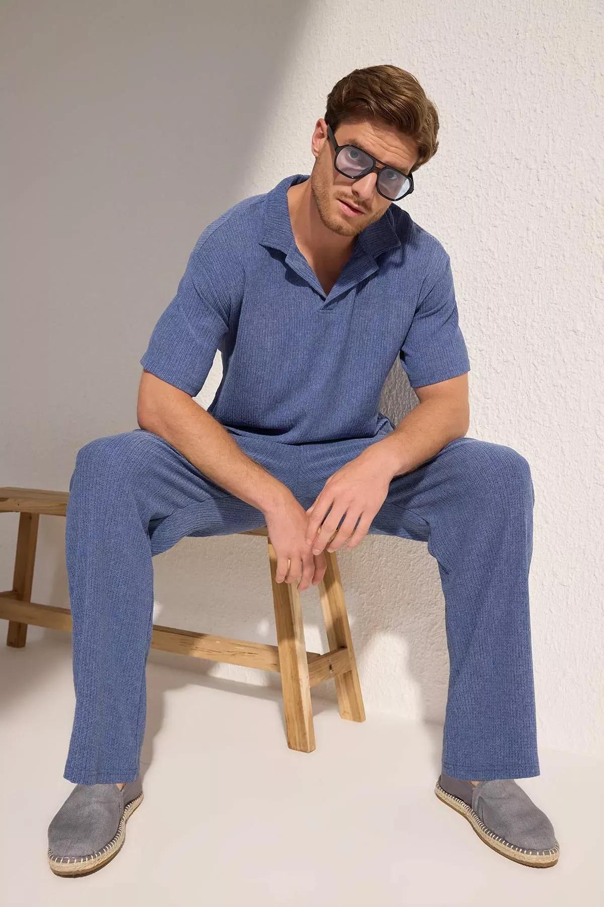 Blue  Oversize Polo Neck T-Shirt, Indigo, large image number 1
