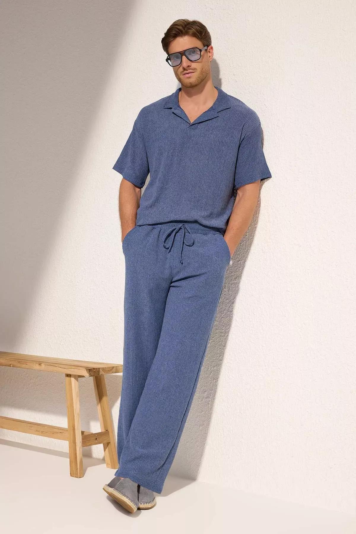 Blue Wide Leg Open Leg Sweatpants, Indigo, large image number 3