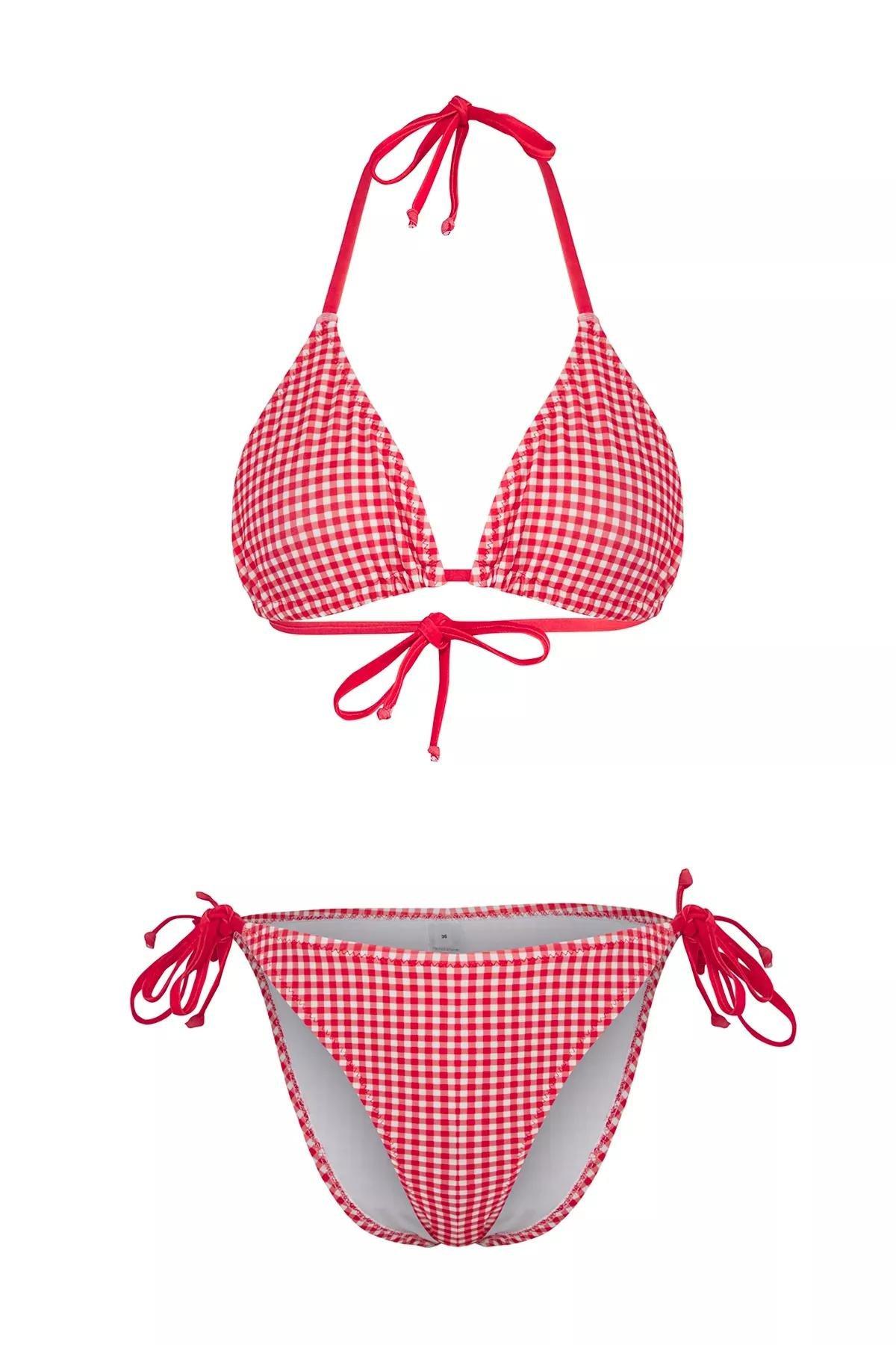 Red Plaid Patterned Triangle Bikini Top, Red-Multicolor, large image number 4