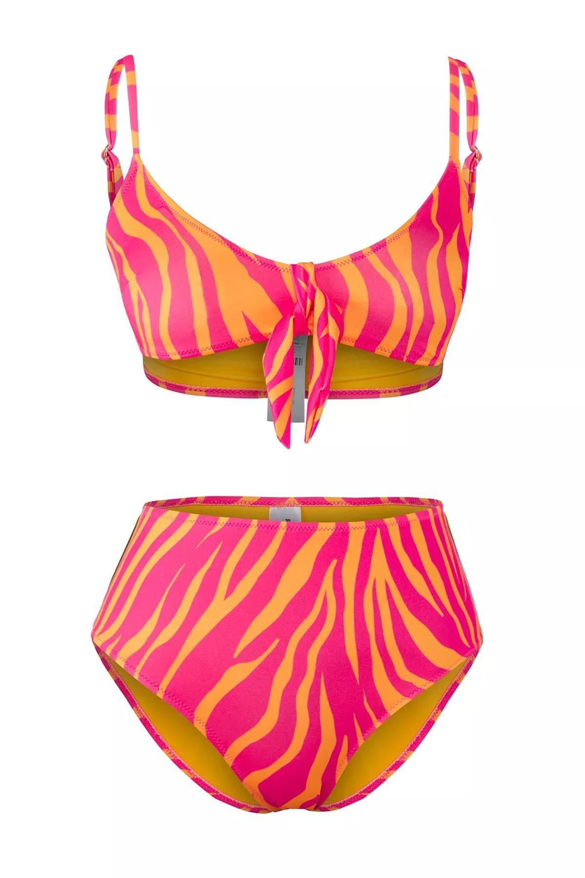 Pink Abstract Patterned  Bikini Top, Orange-Multicolor, large image number 4