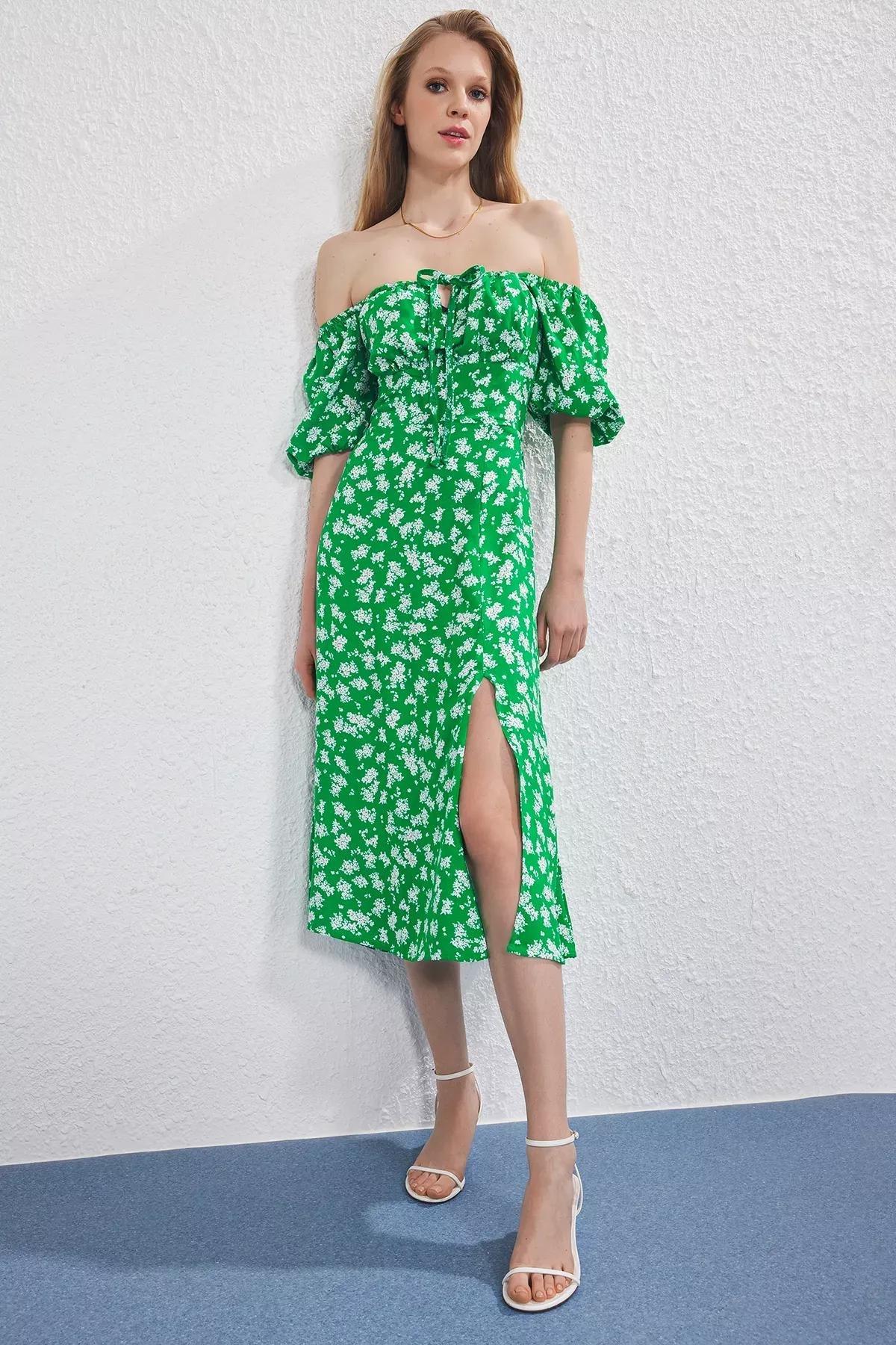 Green Floral Midi Dress, Green, large image number 1