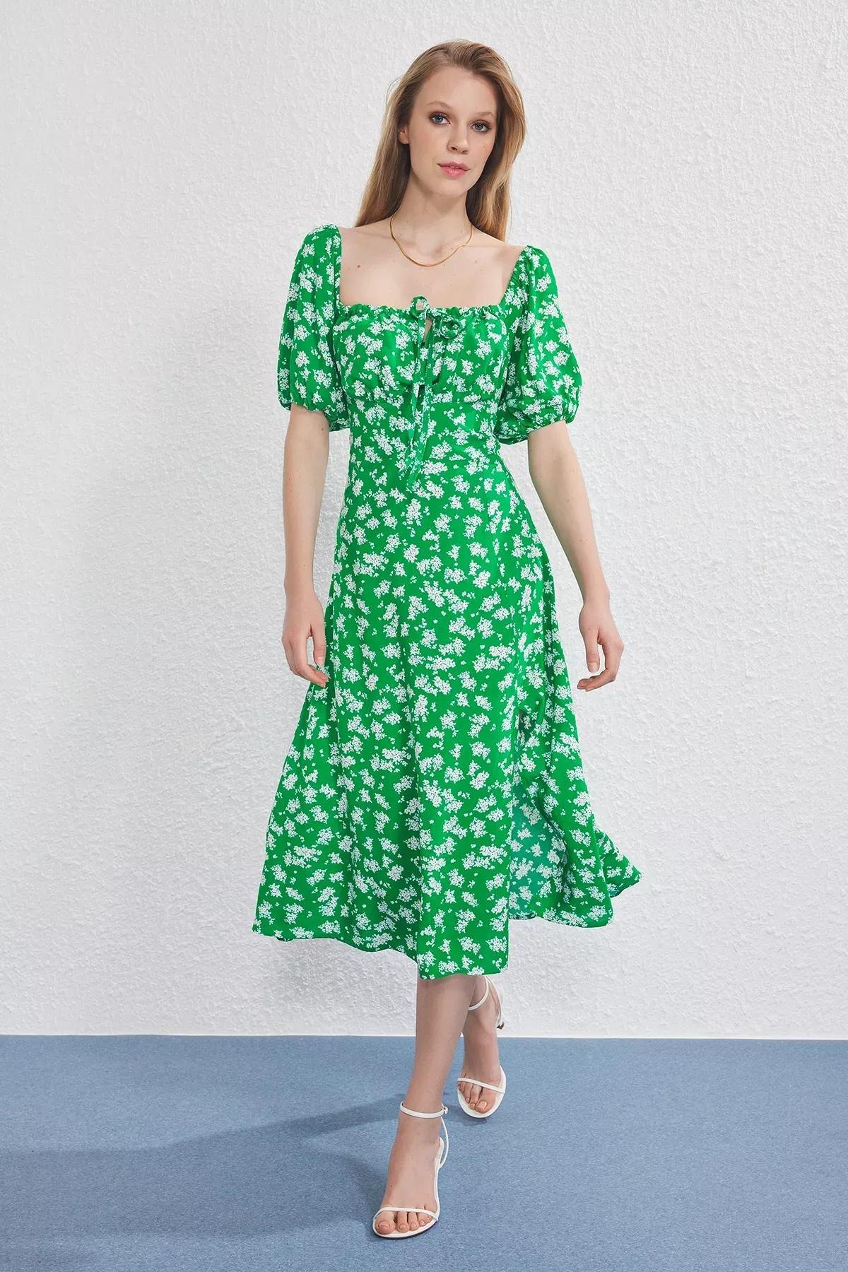 Green Floral Midi Dress, Green, large image number 2