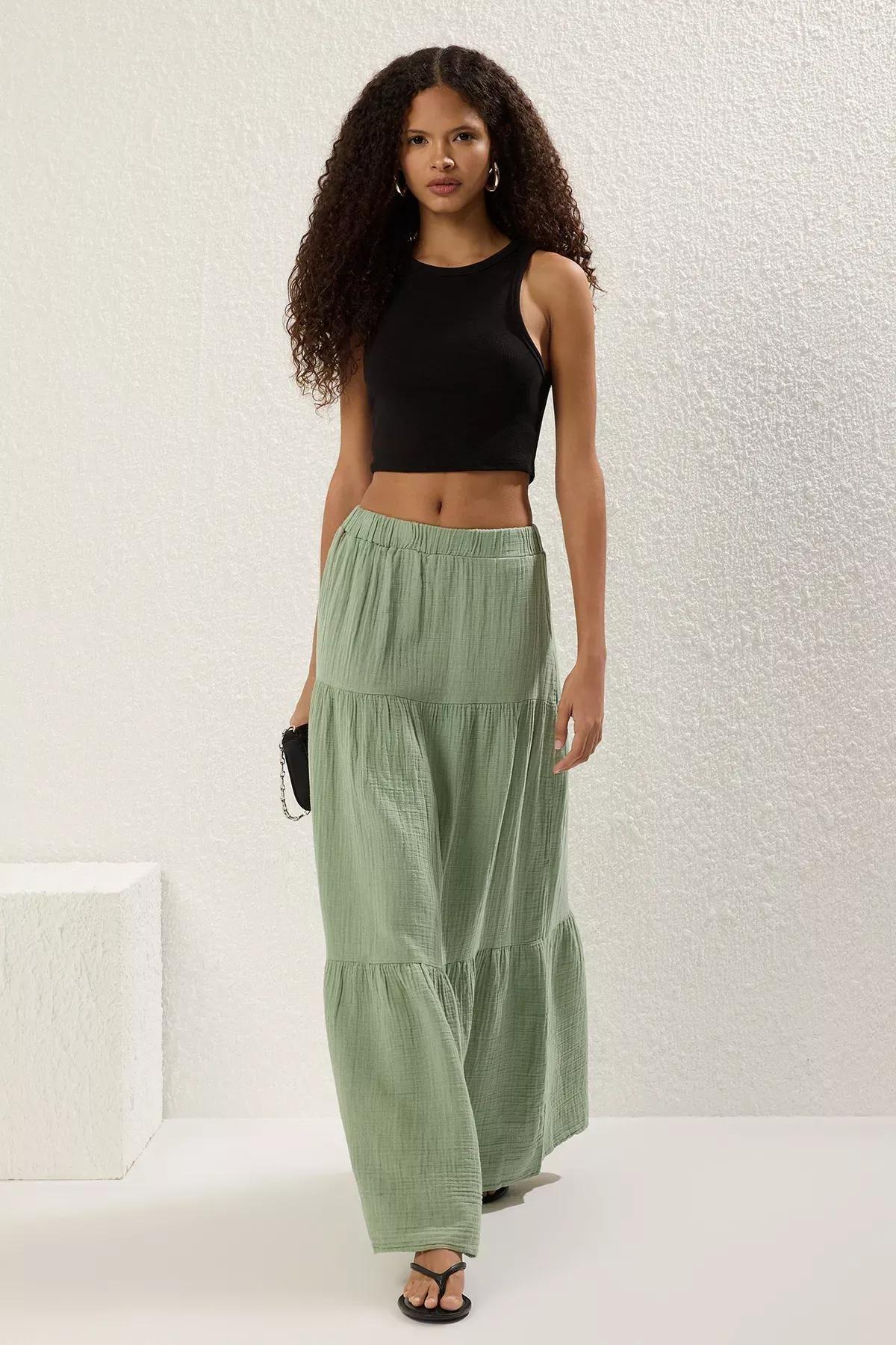 Light Khaki 100% Cotton Muslin Long Maxi Skirt TWOSS25ET00174, Light Khaki, large image number 0