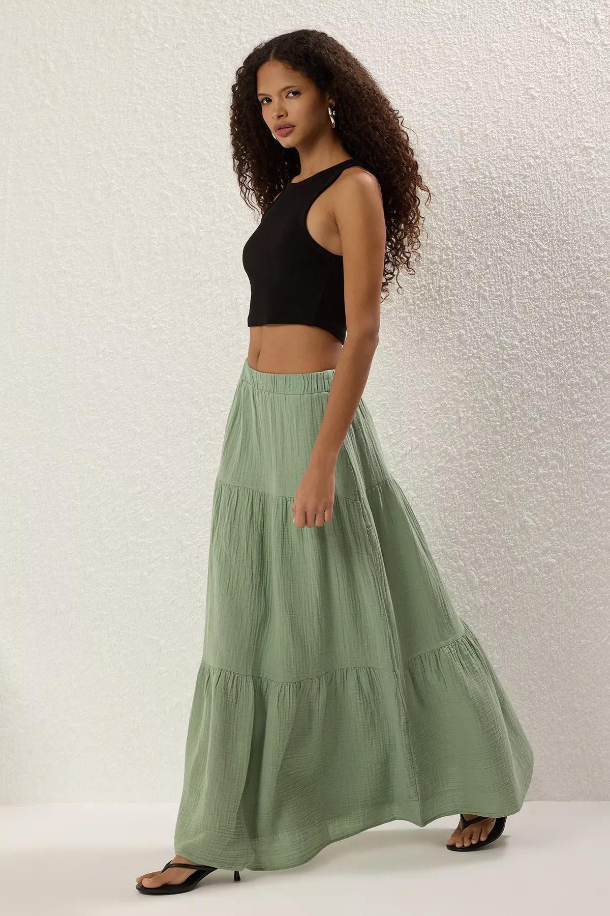 Light Khaki 100% Cotton Muslin Long Maxi Skirt TWOSS25ET00174, Light Khaki, large image number 1